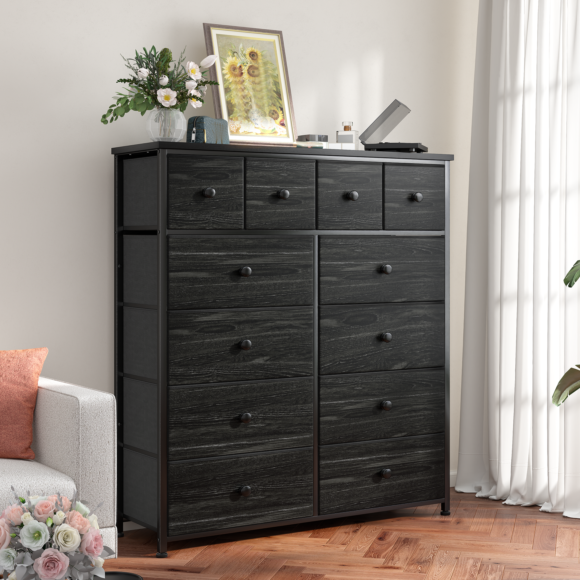 Snhomee 12-Drawer Tall Dresser for Bedroom  - Fabric & Metal Storage Organizer with Wood Top, Anti-Tip Design, Space-Saving, Closet, Entryway, Dorm Furniture, Back to school