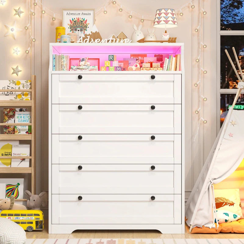 48"H 5-Drawer Wood Dresser and Chest with LED Lights for Bedroom-Clothing & Closet Storage-31.3"L x 15.7"W x 48.5"H-Black-snhomee