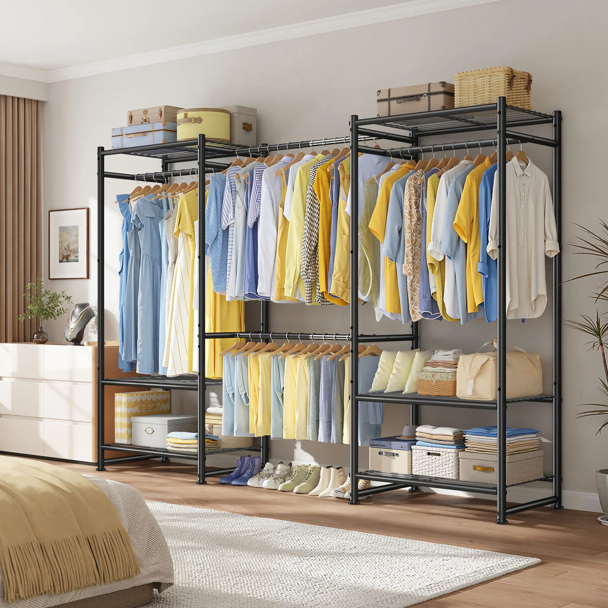 Snhomee 1200lbs Heavy Duty Metal Garment Rack, Expandable 3 Column Adjustable Closet Organizer System, Freestanding Wardrobe Storage Unit for Bedroom