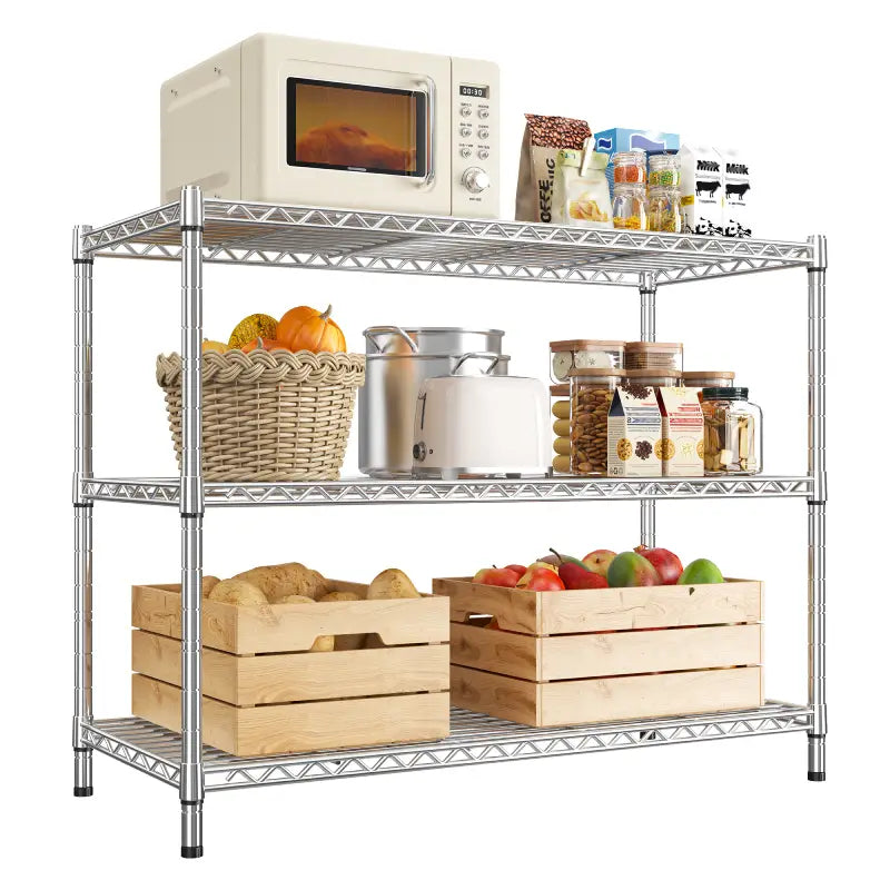 Snhomee 3- Shelf Metal Shelving Unit,Adjustable Steel Wire Shelving Units,Heavy Duty Garage Steel Shelving for Kitchen Pantry,Chrome