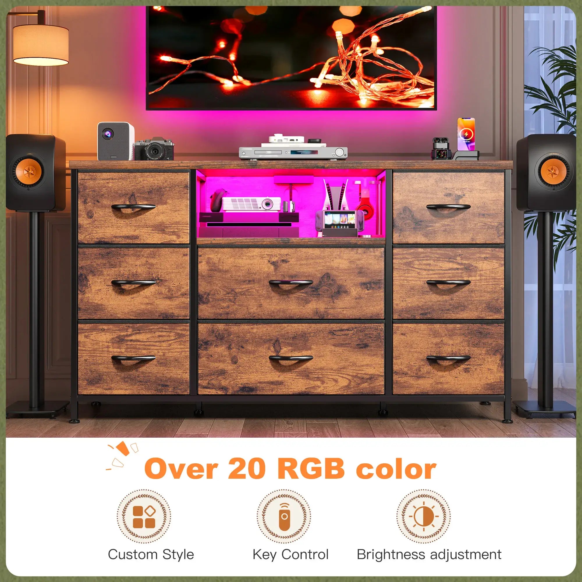 Snhomee 8-Drawer Dresser with LED Lights & Charging Station – Rustic Modern Storage Cabinet for Bedroom & Living Room