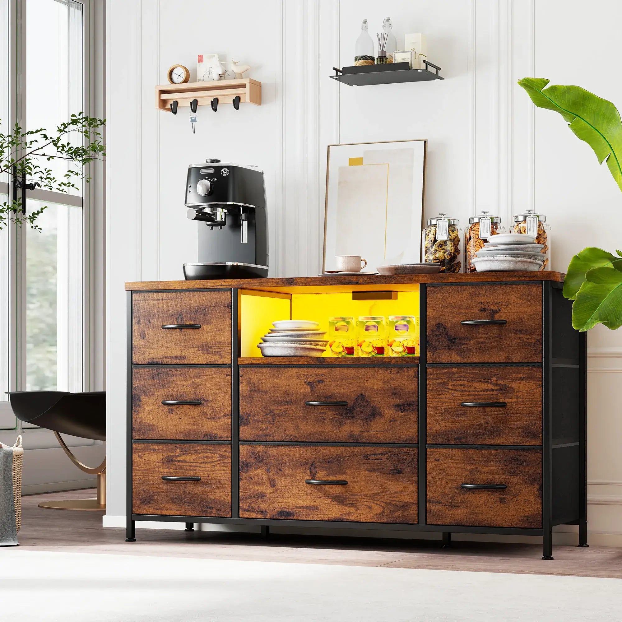 Snhomee 8-Drawer Dresser with LED Lights & Charging Station – Rustic Modern Storage Cabinet for Bedroom & Living Room