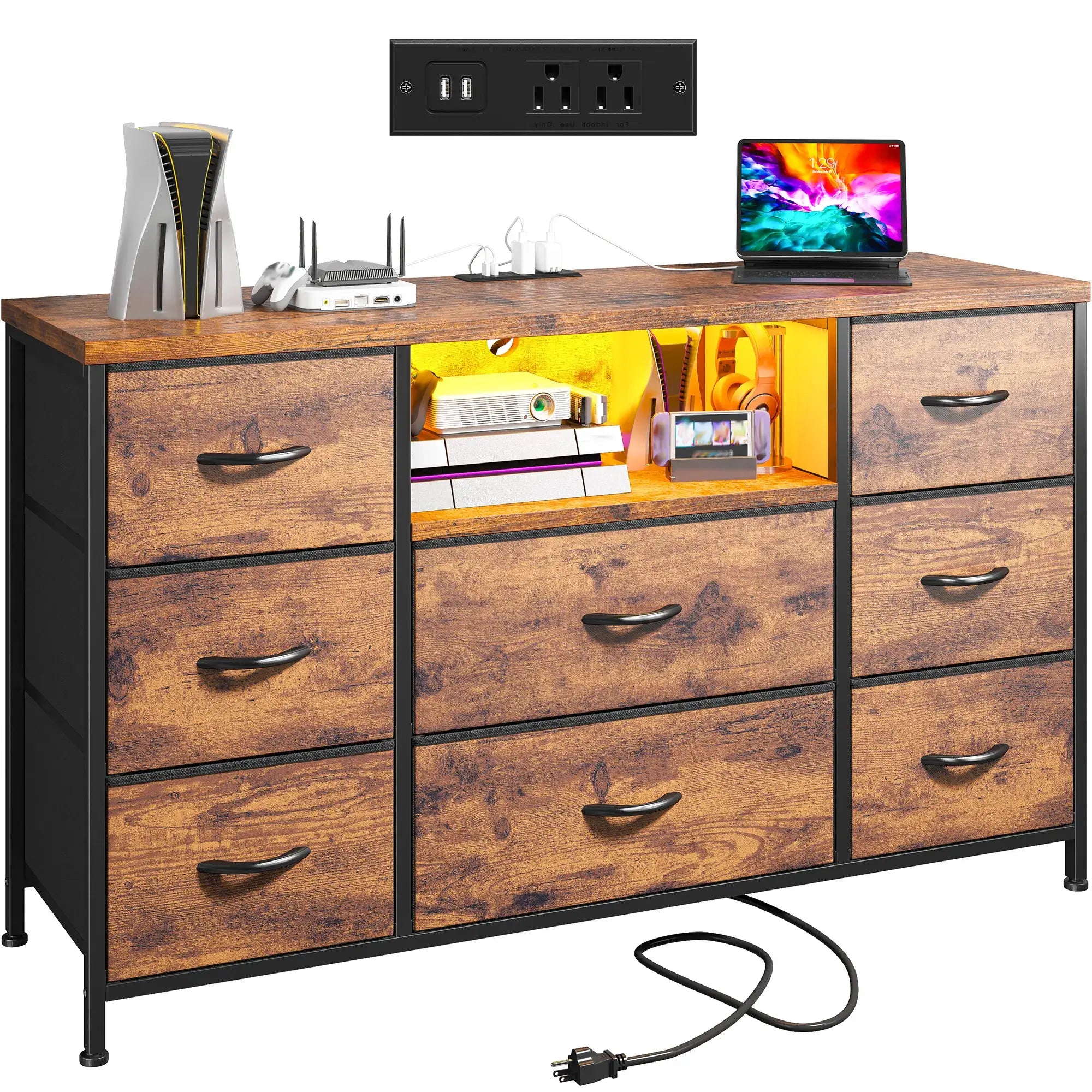 Snhomee 8-Drawer Dresser with LED Lights & Charging Station – Rustic Modern Storage Cabinet for Bedroom & Living Room