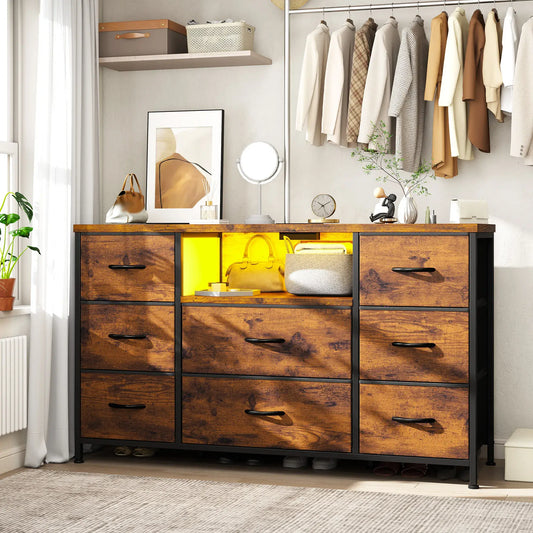Snhomee 8-Drawer Dresser, 55'' Chest of Drawers with LED Lights & Charging Station – Rustic Modern Storage Cabinet for Bedroom & Living Room 2000