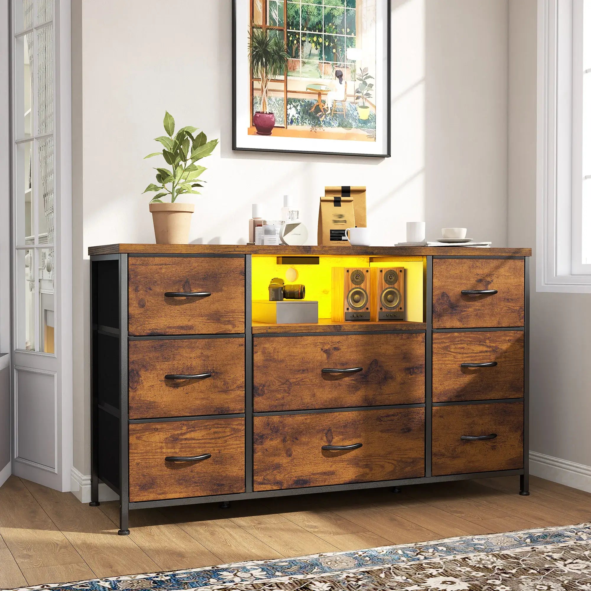 Snhomee 8-Drawer Dresser with LED Lights & Charging Station – Rustic Modern Storage Cabinet for Bedroom & Living Room