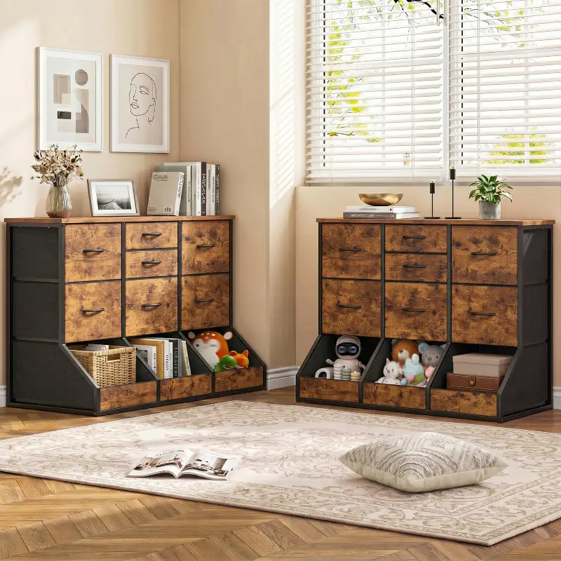 Snhomee Fabric Drawer Storage Dresser with Open Compartments, Large Capacity, Multi-Section Organizer with Stable Base