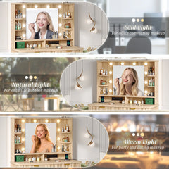 Snhomee Makeup Vanity Desk with Lighted Mirror & Charging Station, Fluted Modern Vanity with Drawers, Shelves & Storage Stool, Space-Saving for Bedroom