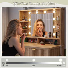 Snhomee Makeup Vanity Desk with Lighted Mirror & Charging Station, Fluted Modern Vanity with Drawers, Shelves & Storage Stool, Space-Saving for Bedroom