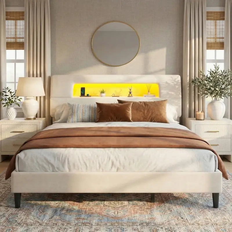 Snhomee Upholstered Bed Frame with Storage Space,Upholstered Bed Frame with LED Lights & Charging Station,Hollow Geometric Line Headboard, Silent Design, Easy Assembly for Modern Apartment