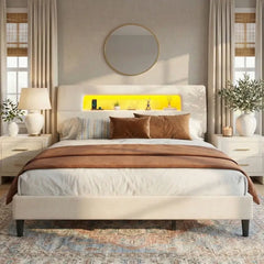 Snhomee Upholstered Bed Frame with Storage Space,Upholstered Bed Frame with LED Lights & Charging Station,Hollow Geometric Line Headboard, Silent Design, Easy Assembly for Modern Apartment