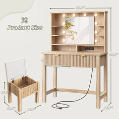 Snhomee Makeup Vanity Desk with Lighted Mirror & Charging Station, Fluted Modern Vanity with Drawers, Shelves & Storage Stool, Space-Saving for Bedroom