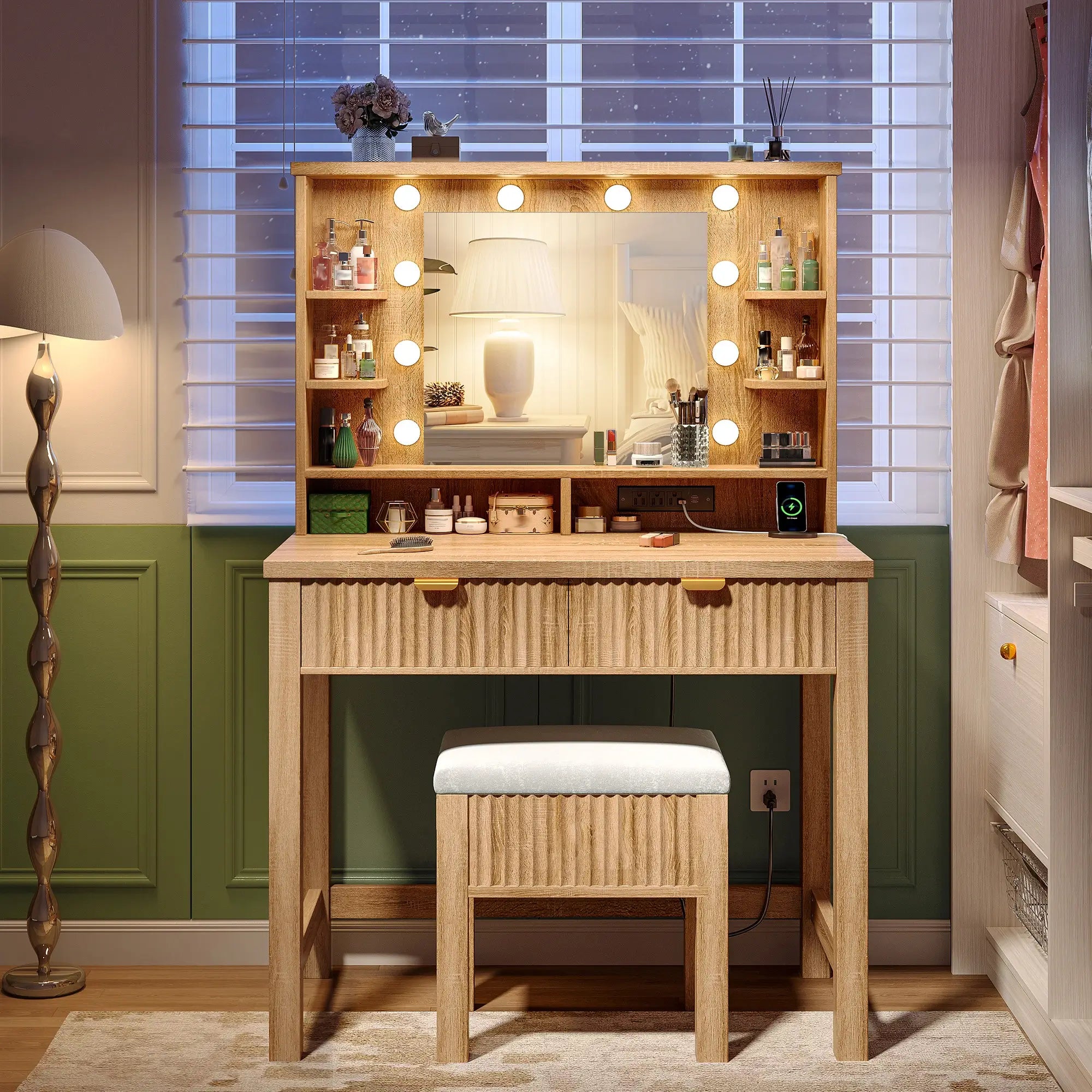 Snhomee Makeup Vanity Desk with Lighted Mirror & Charging Station, Fluted Modern Vanity with Drawers, Shelves & Storage Stool, Space-Saving for Bedroom