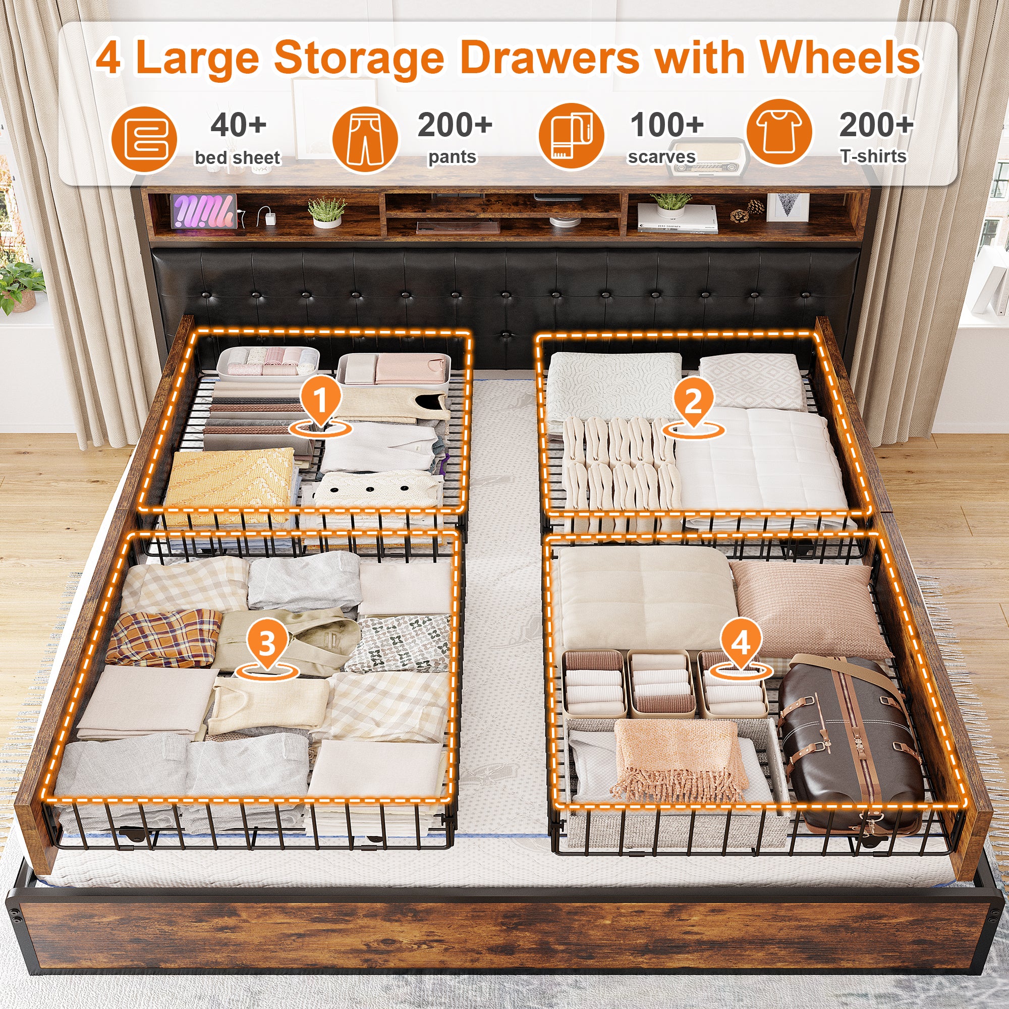 Snhomee Luxury Upholstered Bed Frame with 4 Storage Drawers & USB Charging - 1100LB Heavy Duty, Silent Design, No Box Spring Needed, Vintage Brown