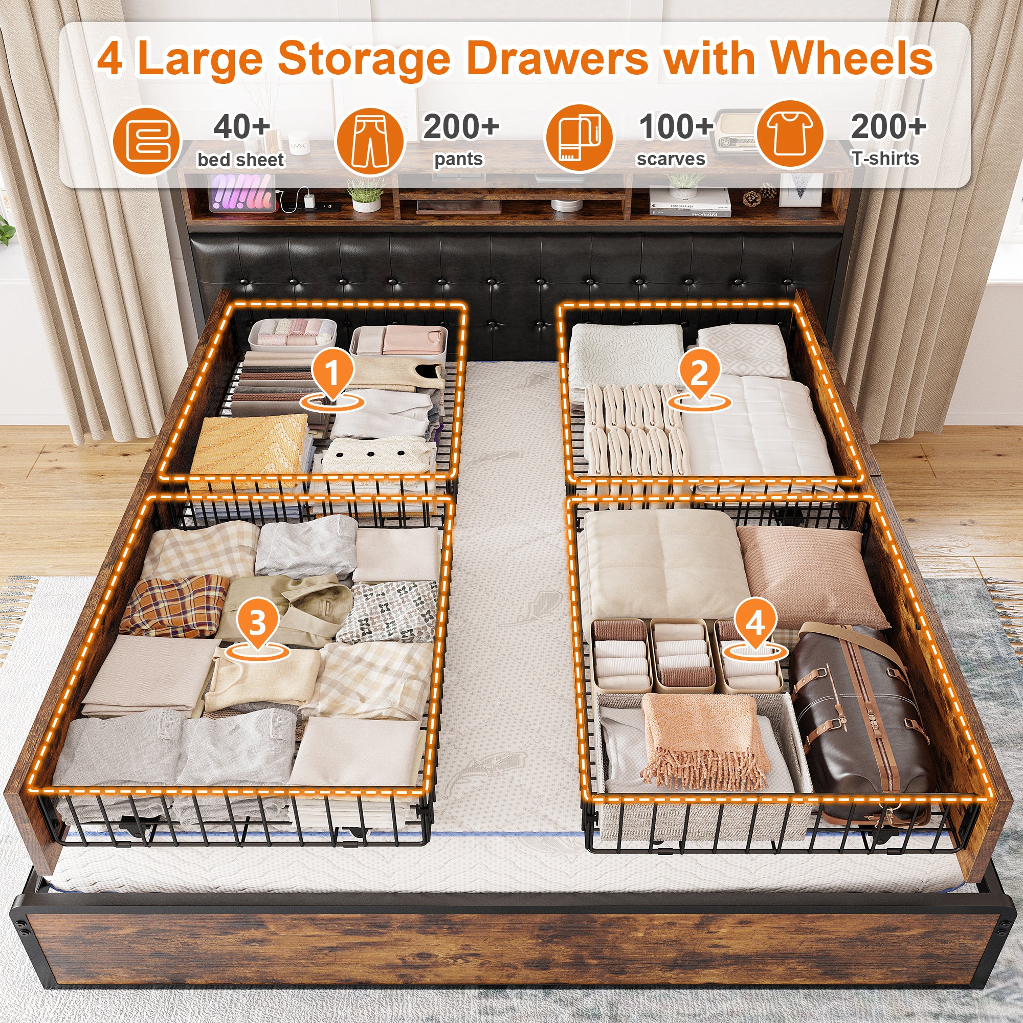 Snhomee Luxury Upholstered Bed Frame with 4 Storage Drawers & USB Charging - 1100LB Heavy Duty, Silent Design, No Box Spring Needed, Vintage Brown