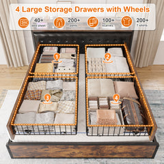 Snhomee Luxury Upholstered Bed Frame with 4 Storage Drawers & USB Charging - 1100LB Heavy Duty, Silent Design, No Box Spring Needed, Vintage Brown