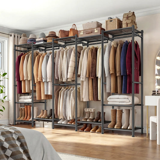 Snhomee 1200LBS Heavy Duty  Clothes Rack,Portable Closet Wardrobe with 6 Hanging Rods & 12 Shelves,90.6"W Freestanding Closet Organizer,Garment Rack for Bedroom 2000