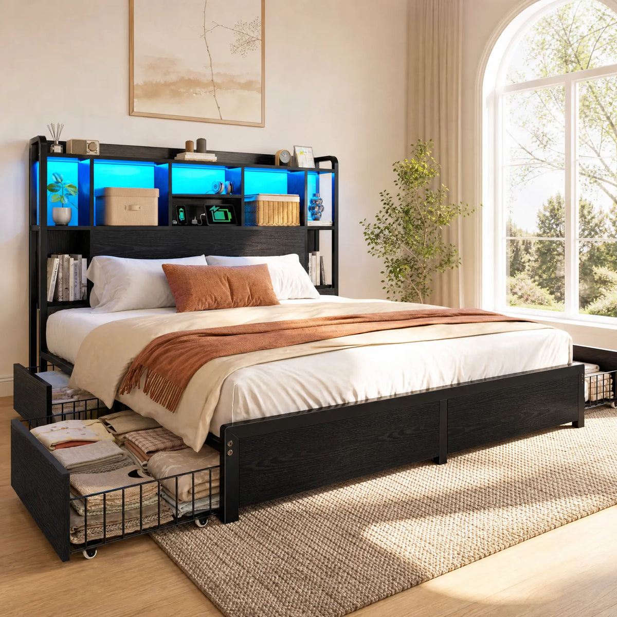 Snhomee 1200lbs Bed Frame with 4 Storage Drawer,Platform Bed with LED Headboard & USB Charging,Noiseless Metal Frame