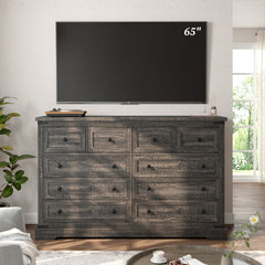 55.11"W Wood Dresser with 10 Drawers for Bedroom, Chests of Drawers with Smooth Metal Rail for Large and Wide TV Stand Hallway