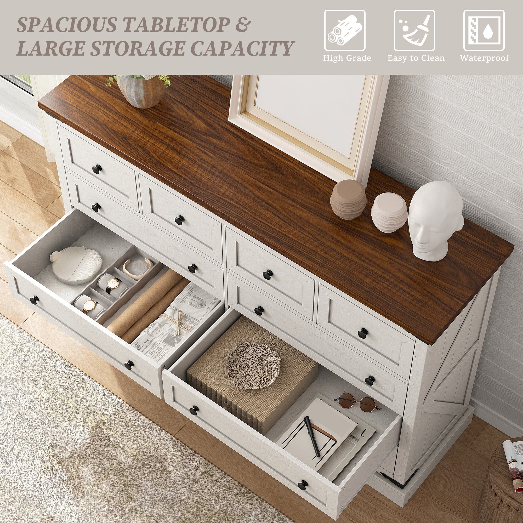 55.11"W Wood Dresser with 10 Drawers for Bedroom, Chests of Drawers with Smooth Metal Rail for Large and Wide TV Stand Hallway