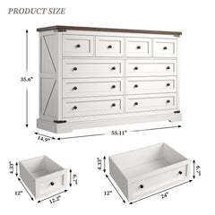 Snhomee 55.11"W Wooden Dresser with 10 Drawers, Suitable for Bedroom Storage, Featuring Smooth Metal Glides and Designed for Use as a Large TV Console or Hallway Cabinet