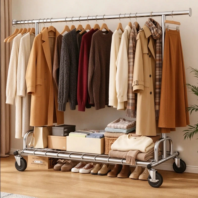 Snhomee 75"W Heavy Duty Rolling Garment Rack, 485 LBS Expandable Clothes Rack with Lockable Wheels for Bedroom Laundry Room