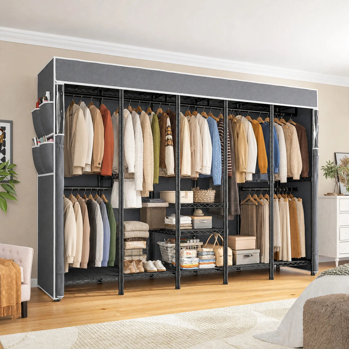 Snhomee 90.8"W 1200LBS Heavy Duty Clothing Rack with Cover,Freestanding Garment Rack,Wardrobe Closet for Bedroom, Commercial & Home Use