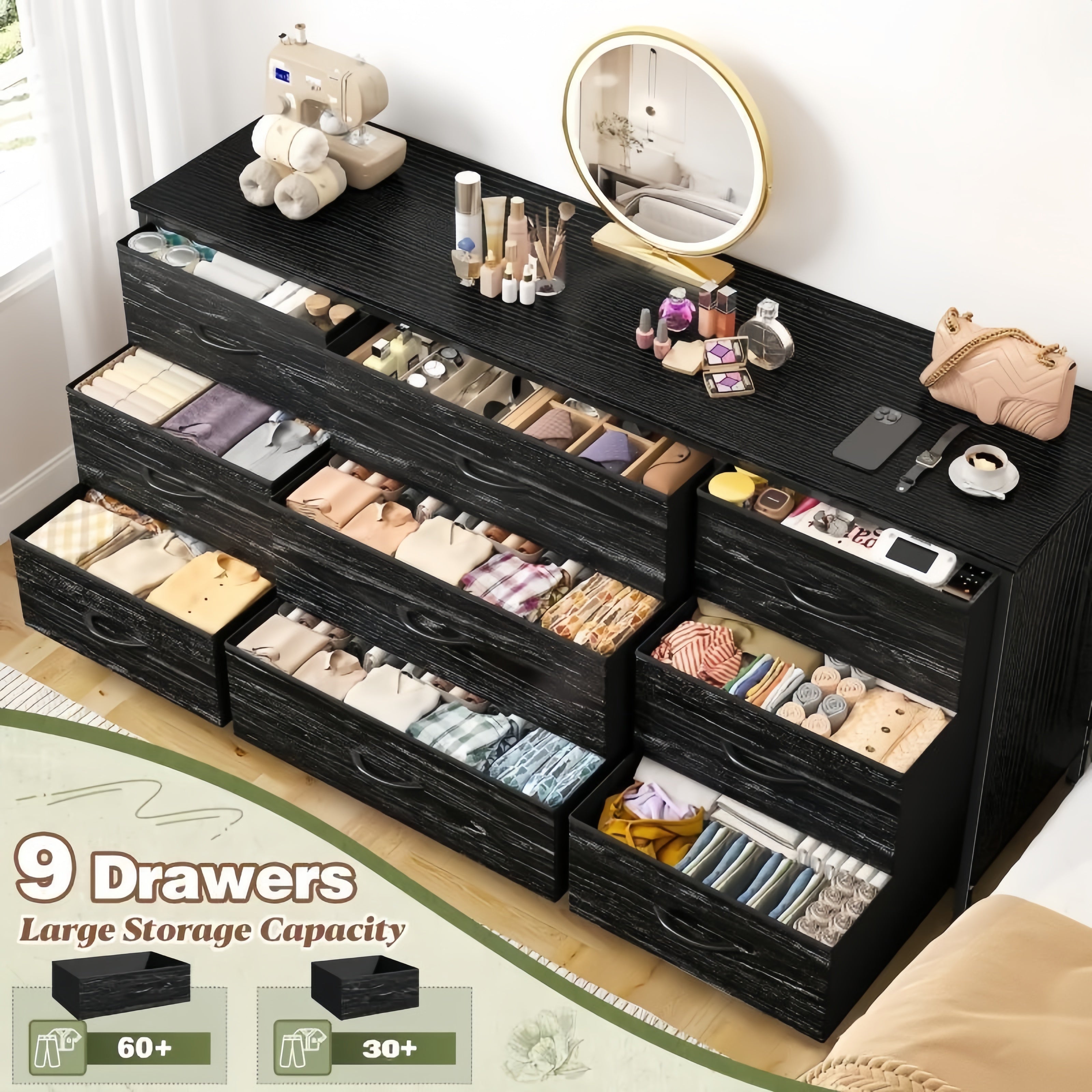 Dresser TV Stand with 9 Drawers, Sturdy Metal Frame & Wood Top, Bedroom, Living Room, Hallway-Furniture > Dresser-47.2" D x 15.3" W x27.5" H-Grey-snhomee