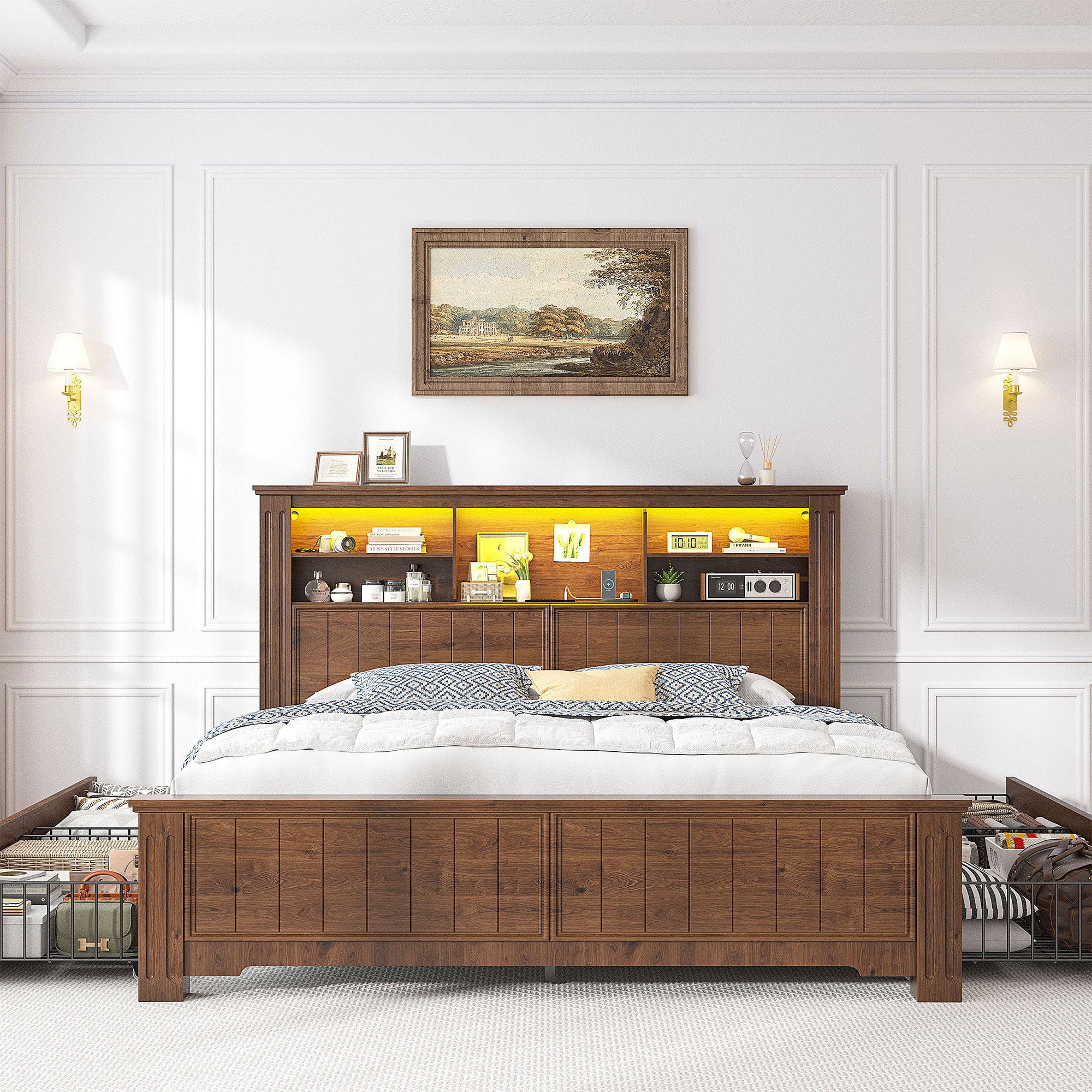 Snhomee Heavy Duty Bed Frame with Storage - 900LB Capacity Platform Bed, LED Headboard & Charging Station, 4 Underbed Drawers, No Box Spring Needed, Farmhouse