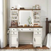 Enhomee Farmhouse Makeup Vanity Desk with LED Mirror & RGB Cabinets – Storaging with Drawers & Shelves, White, Ideal for Organizing Seasonal Skincare in Bedroom or Dressing Room