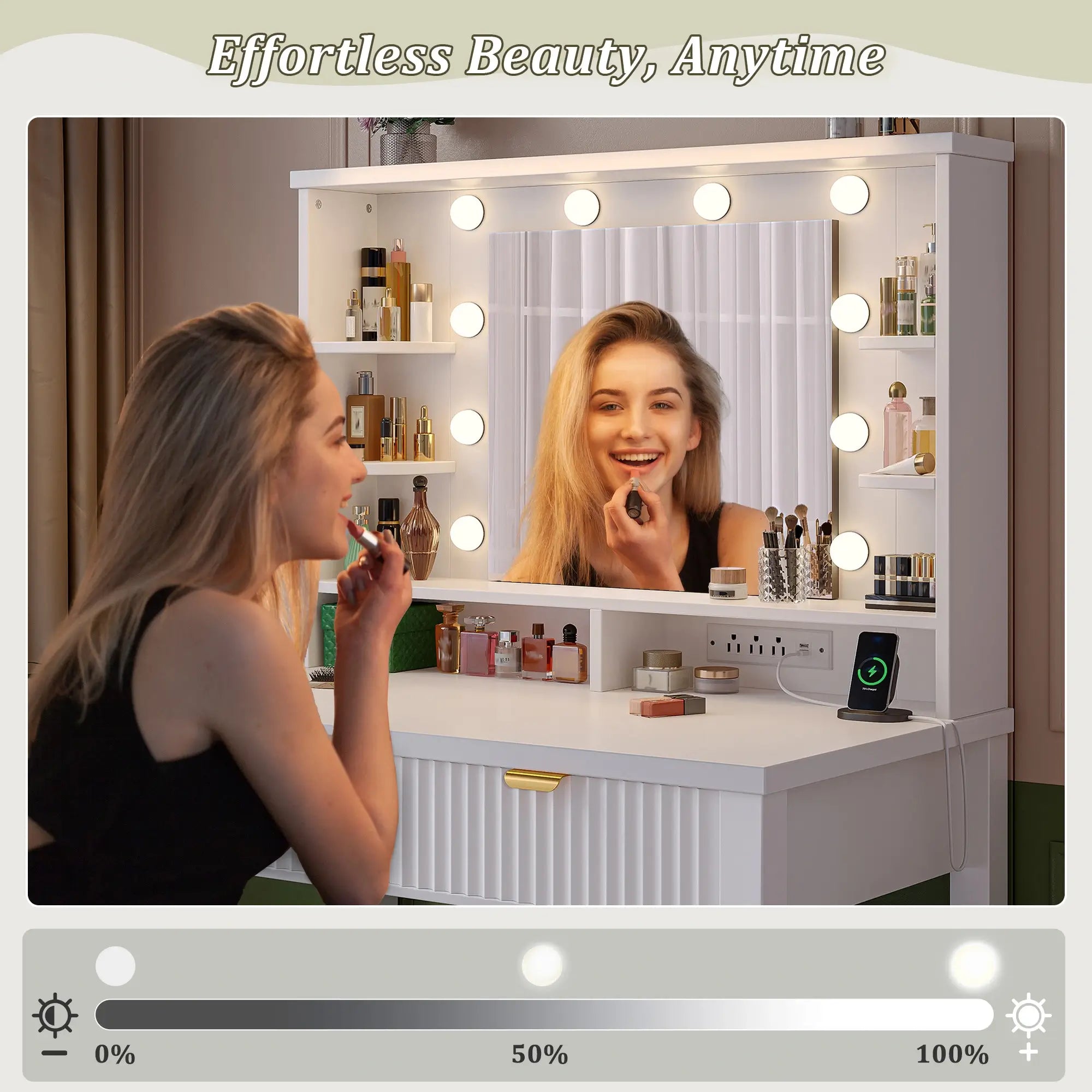 Snhomee Makeup Vanity Desk with Lighted Mirror & Charging Station, Fluted Modern Vanity with Drawers, Shelves & Storage Stool, Space-Saving for Bedroom