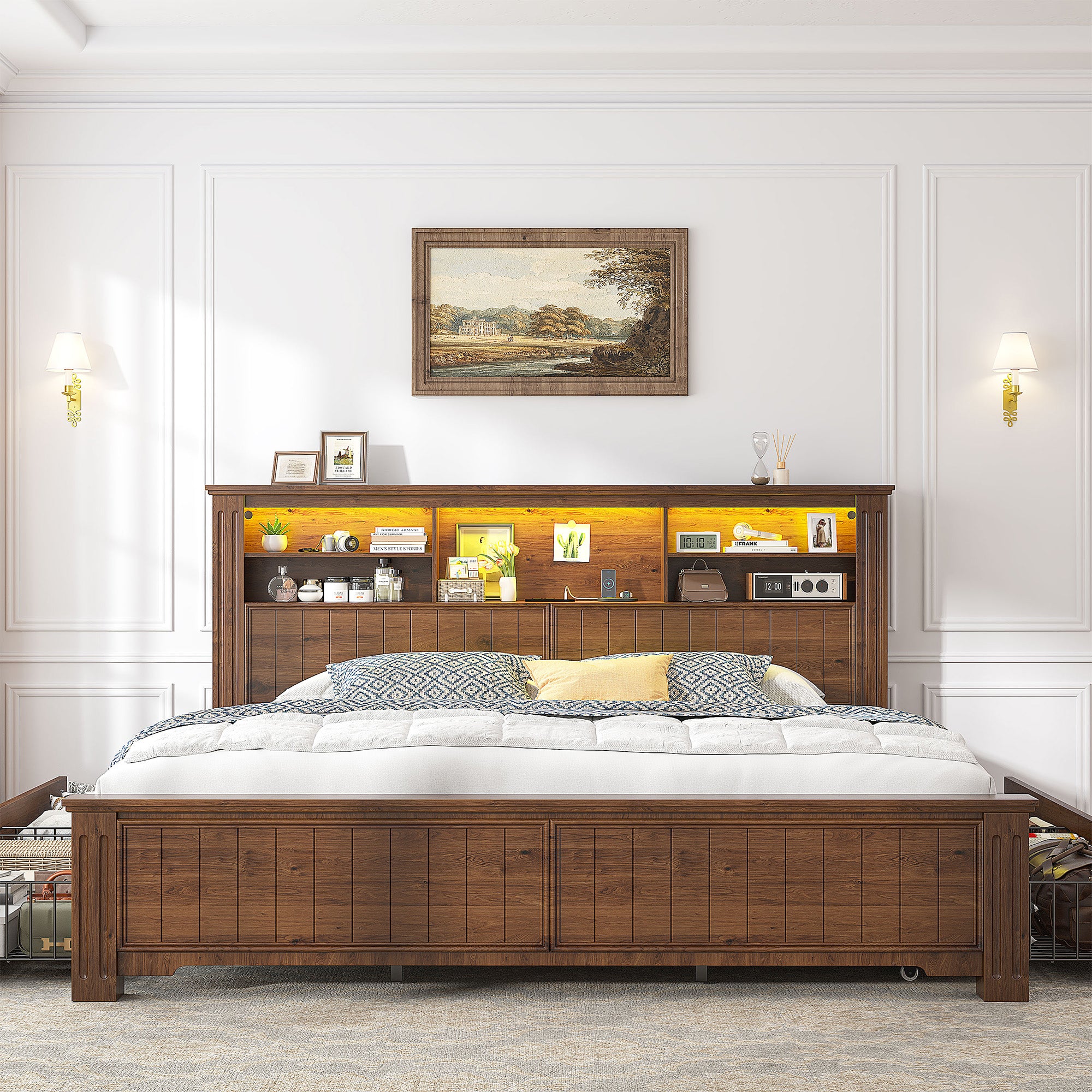 Snhomee Heavy Duty Bed Frame with Storage - 900LB Capacity Platform Bed, LED Headboard & Charging Station, 4 Underbed Drawers, No Box Spring Needed, Farmhouse