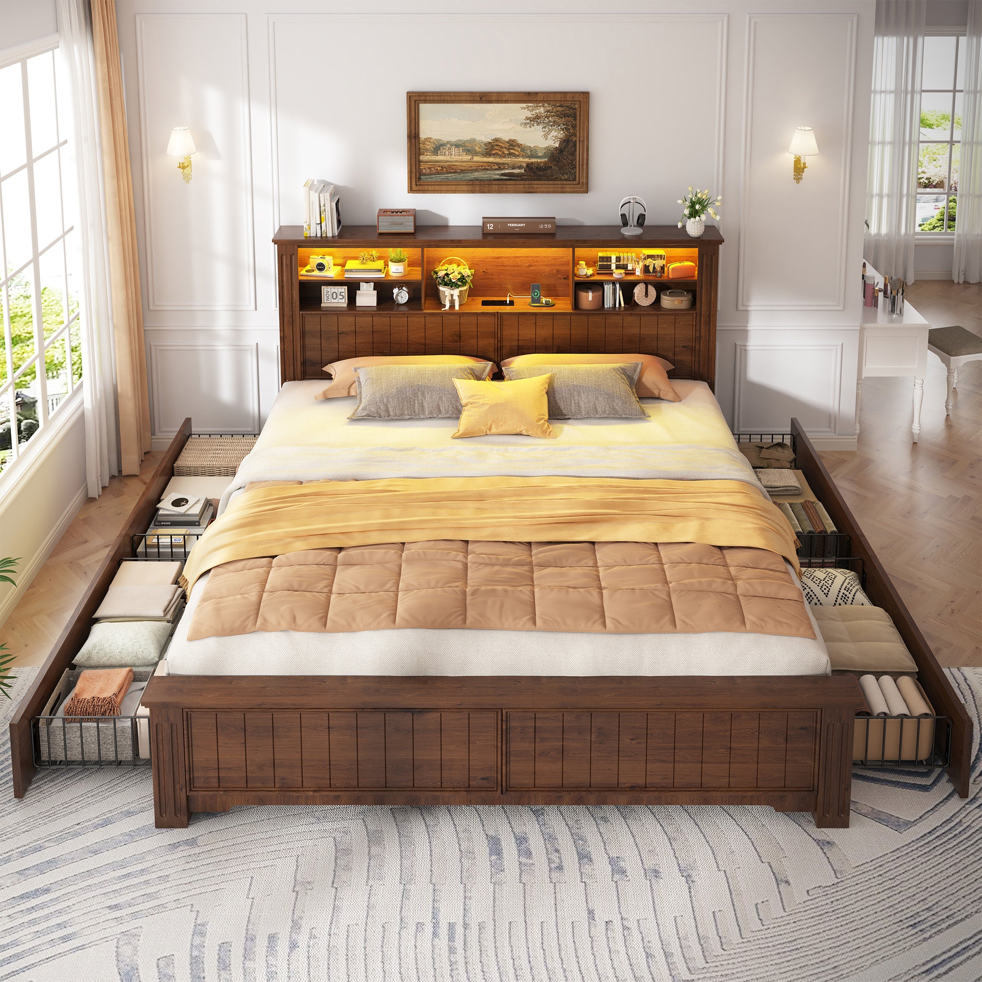 Snhomee Heavy Duty Bed Frame with Storage - 900LB Capacity Platform Bed, LED Headboard & Charging Station, 4 Underbed Drawers, No Box Spring Needed, Farmhouse