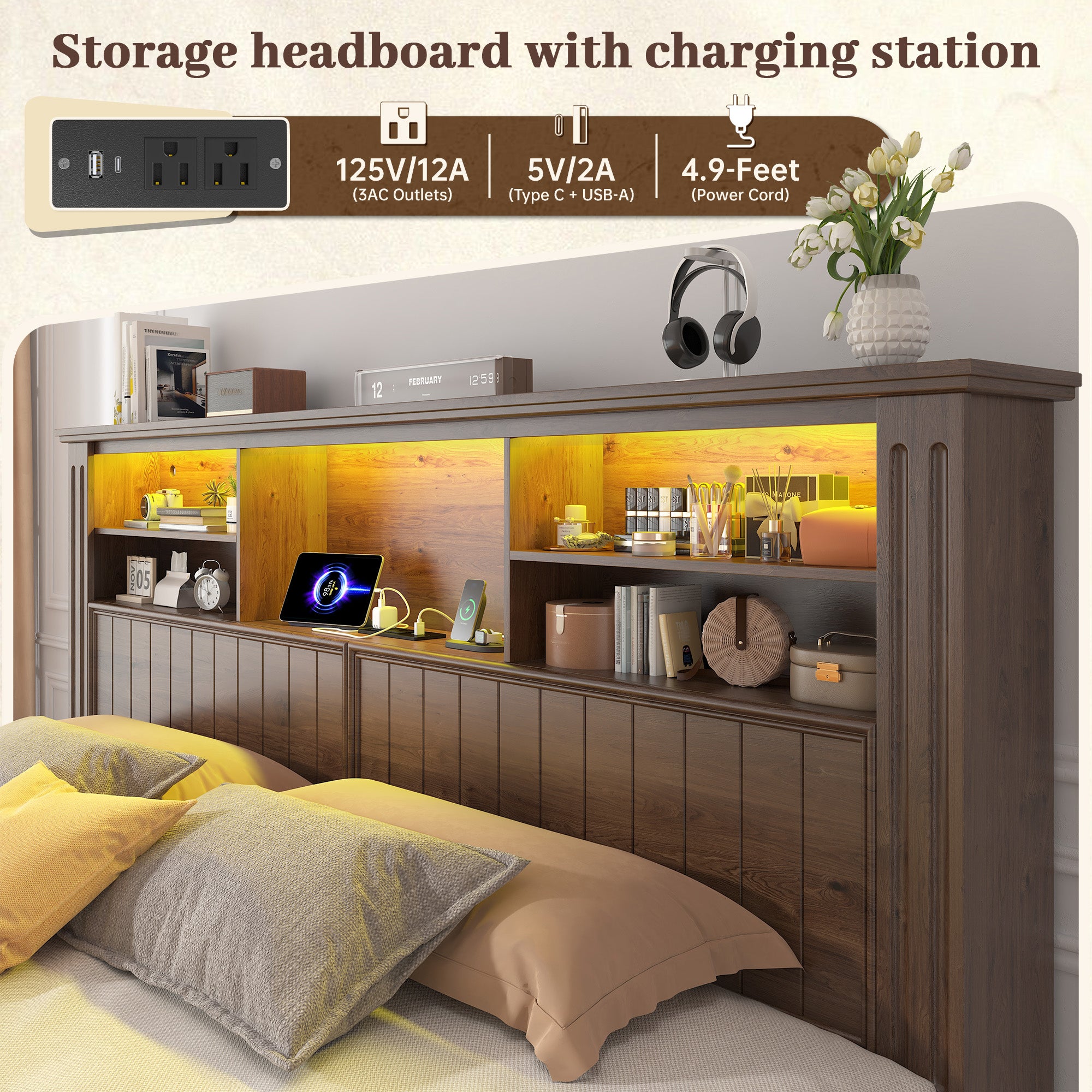 Snhomee Heavy Duty Bed Frame with Storage - 900LB Capacity Platform Bed, LED Headboard & Charging Station, 4 Underbed Drawers, No Box Spring Needed, Farmhouse