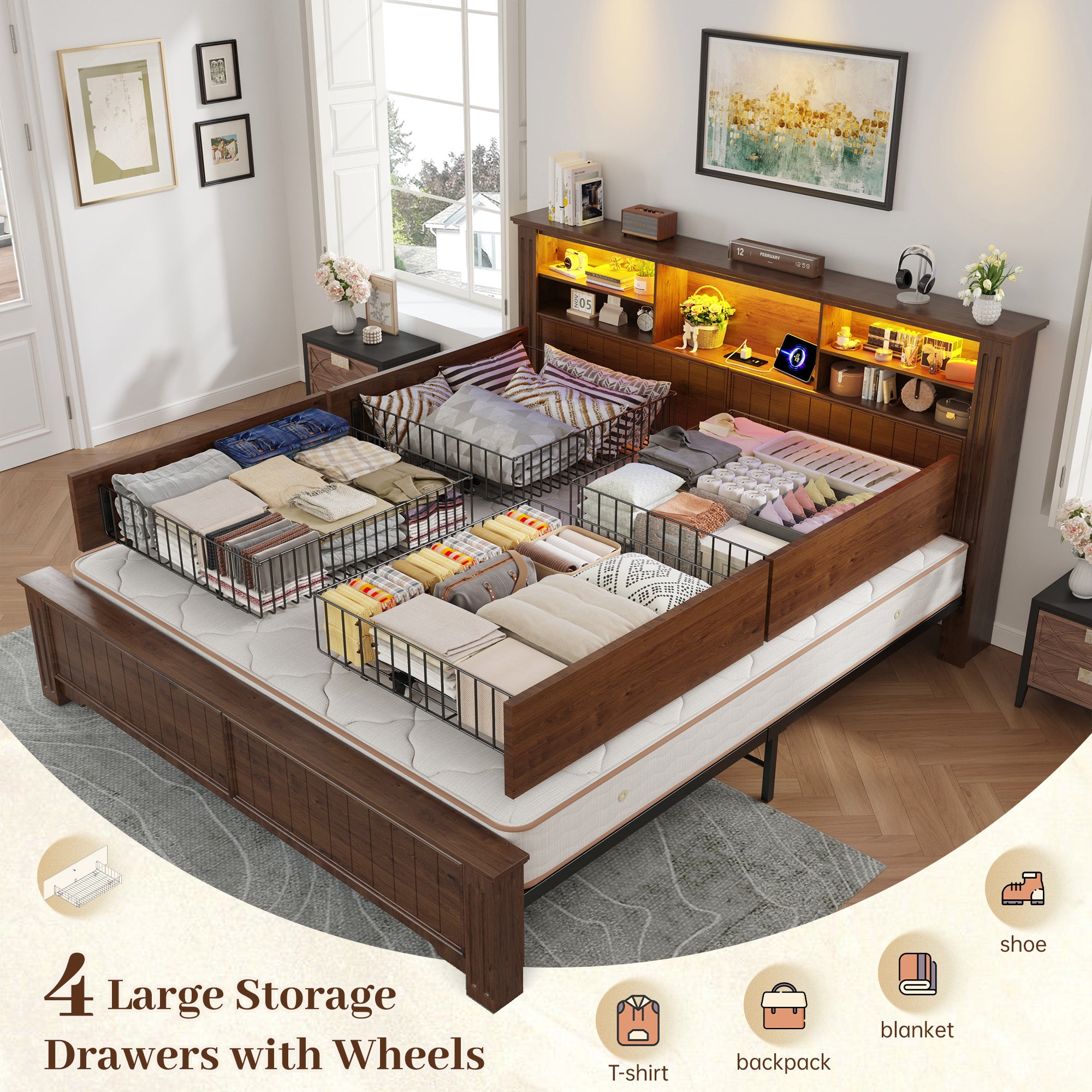 Snhomee Heavy Duty Bed Frame with Storage - 900LB Capacity Platform Bed, LED Headboard & Charging Station, 4 Underbed Drawers, No Box Spring Needed, Farmhouse