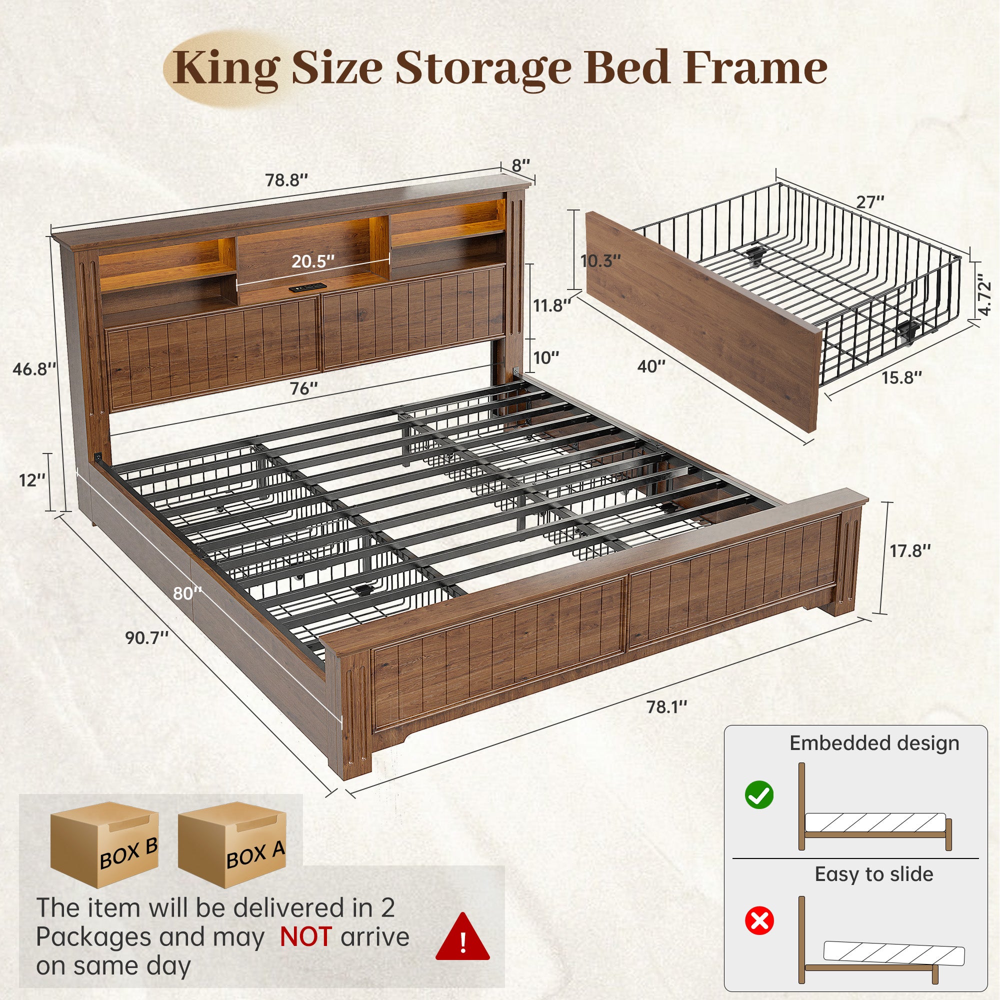 Snhomee Heavy Duty Bed Frame with Storage - 900LB Capacity Platform Bed, LED Headboard & Charging Station, 4 Underbed Drawers, No Box Spring Needed, Farmhouse