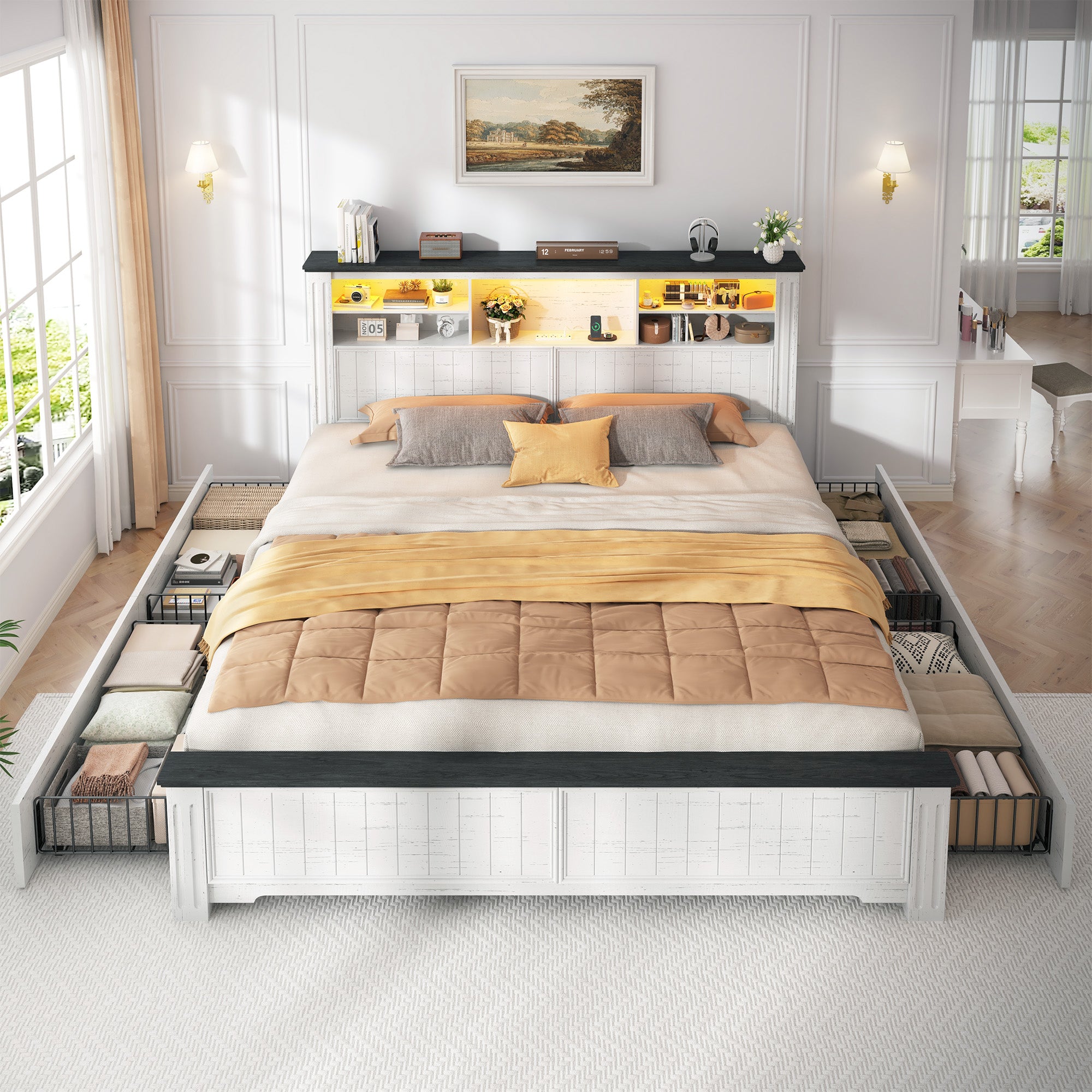 Snhomee Heavy Duty Bed Frame with Storage - 900LB Capacity Platform Bed, LED Headboard & Charging Station, 4 Underbed Drawers, No Box Spring Needed, Farmhouse