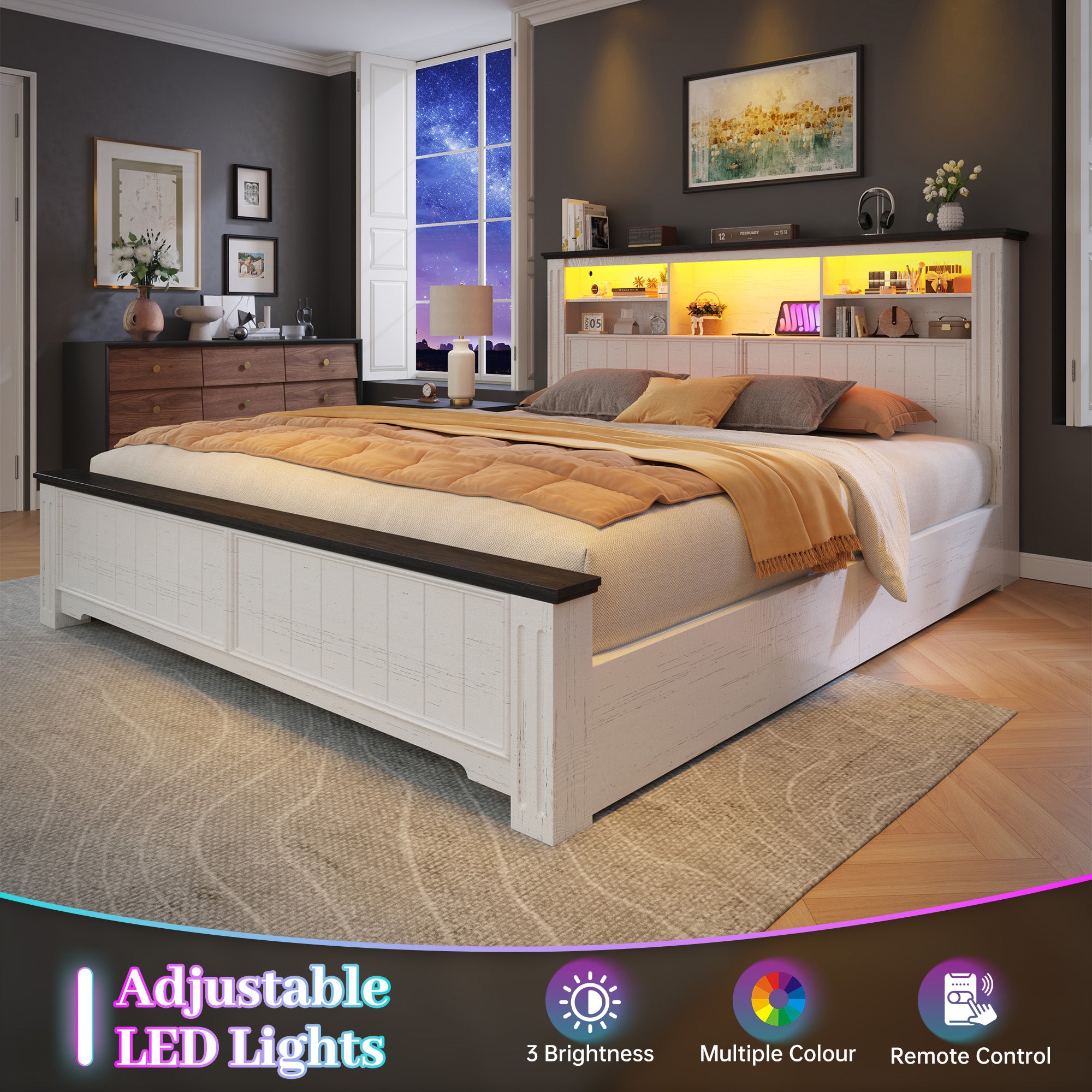 Snhomee Heavy Duty Bed Frame with Storage - 900LB Capacity Platform Bed, LED Headboard & Charging Station, 4 Underbed Drawers, No Box Spring Needed, Farmhouse