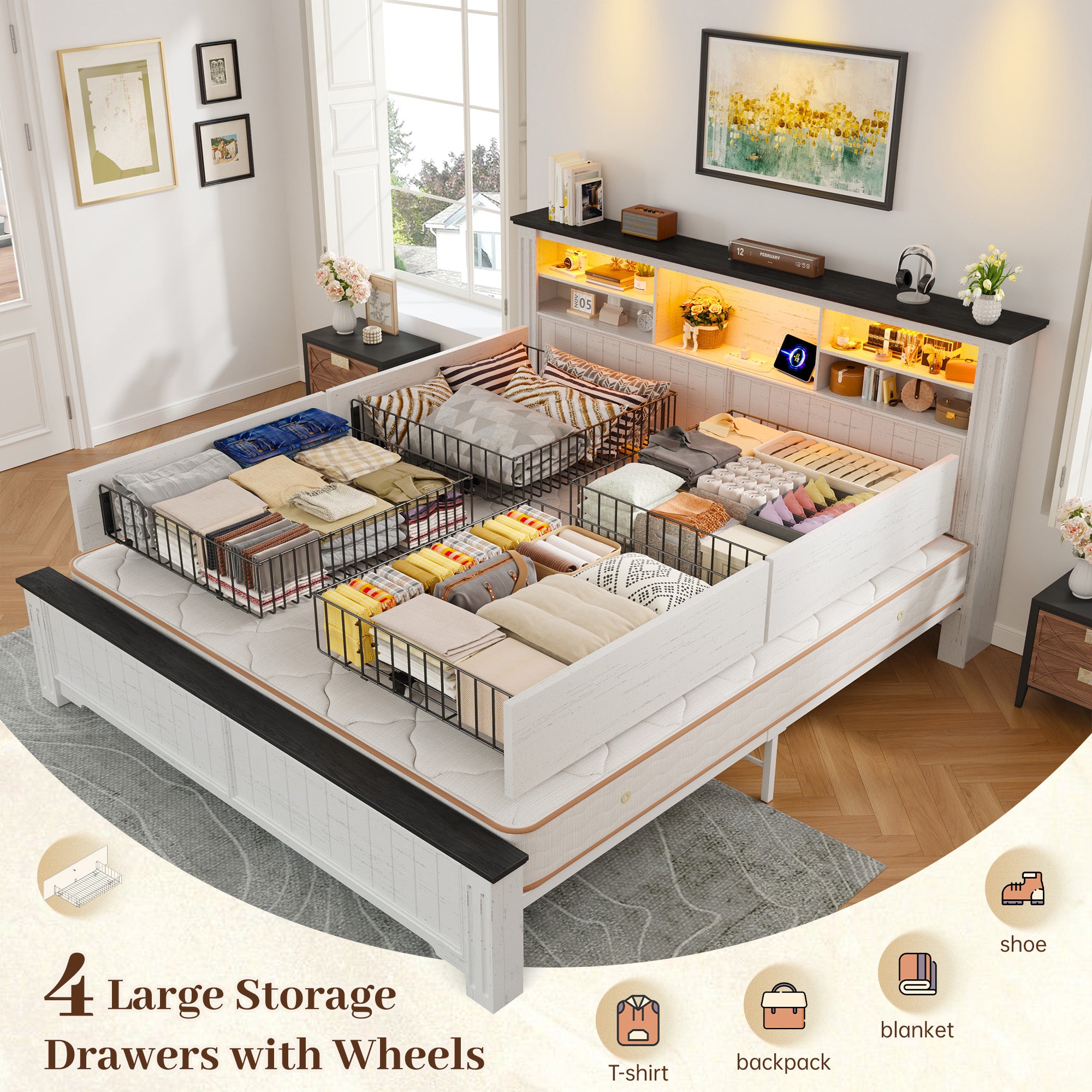 Snhomee Heavy Duty Bed Frame with Storage - 900LB Capacity Platform Bed, LED Headboard & Charging Station, 4 Underbed Drawers, No Box Spring Needed, Farmhouse