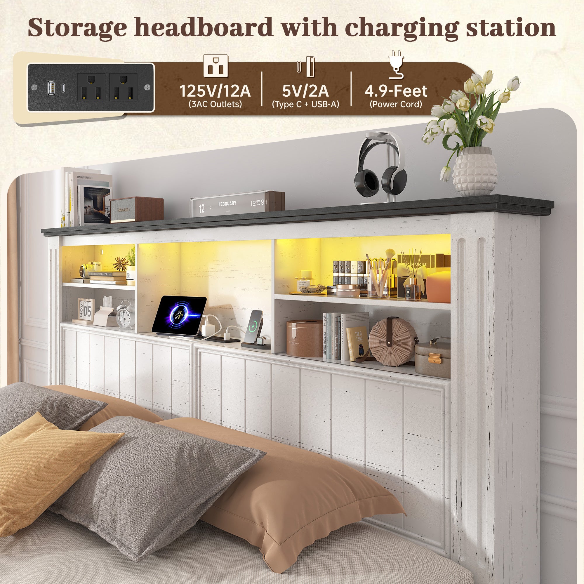 Snhomee Heavy Duty Bed Frame with Storage - 900LB Capacity Platform Bed, LED Headboard & Charging Station, 4 Underbed Drawers, No Box Spring Needed, Farmhouse