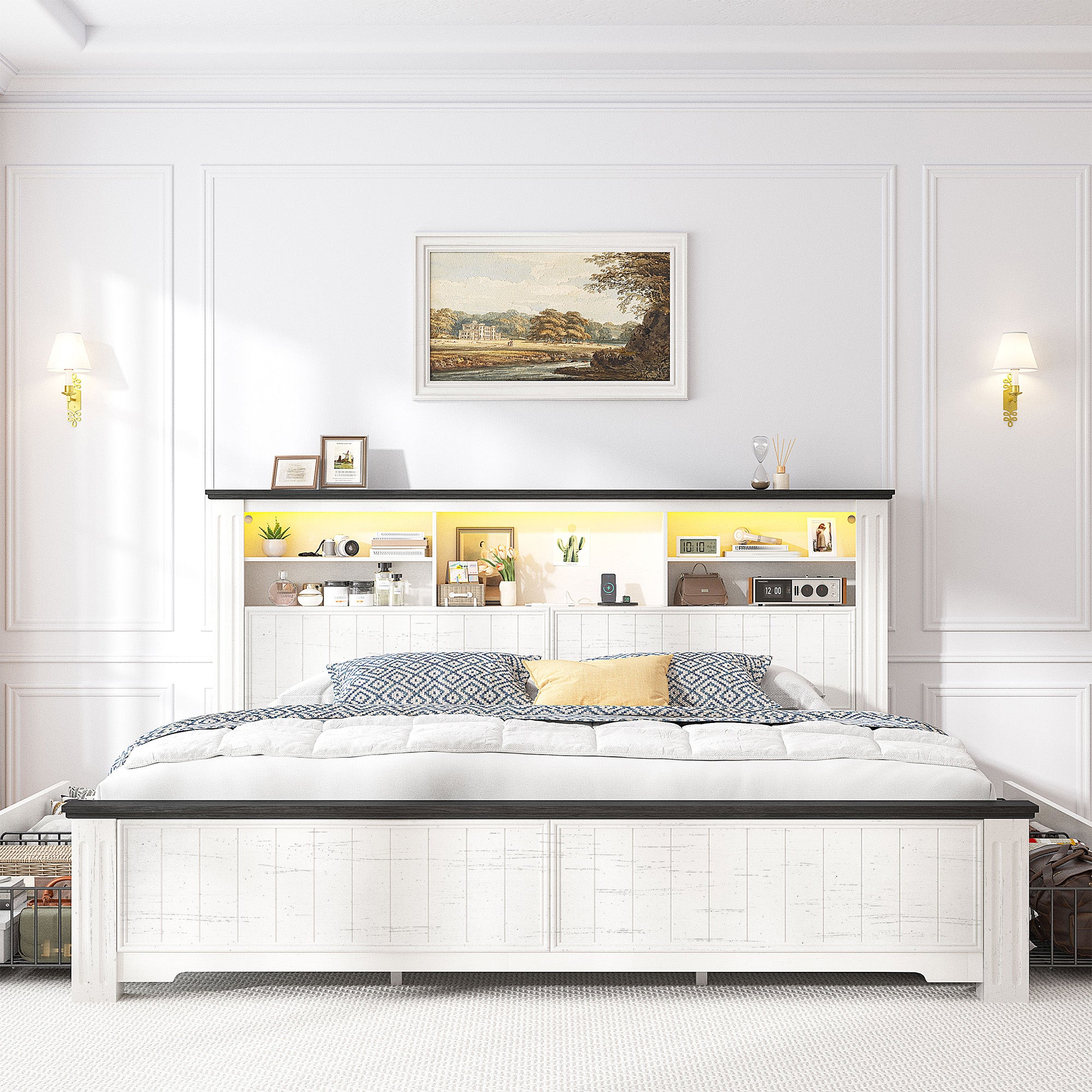 Snhomee Heavy Duty Bed Frame with Storage - 900LB Capacity Platform Bed, LED Headboard & Charging Station, 4 Underbed Drawers, No Box Spring Needed, Farmhouse