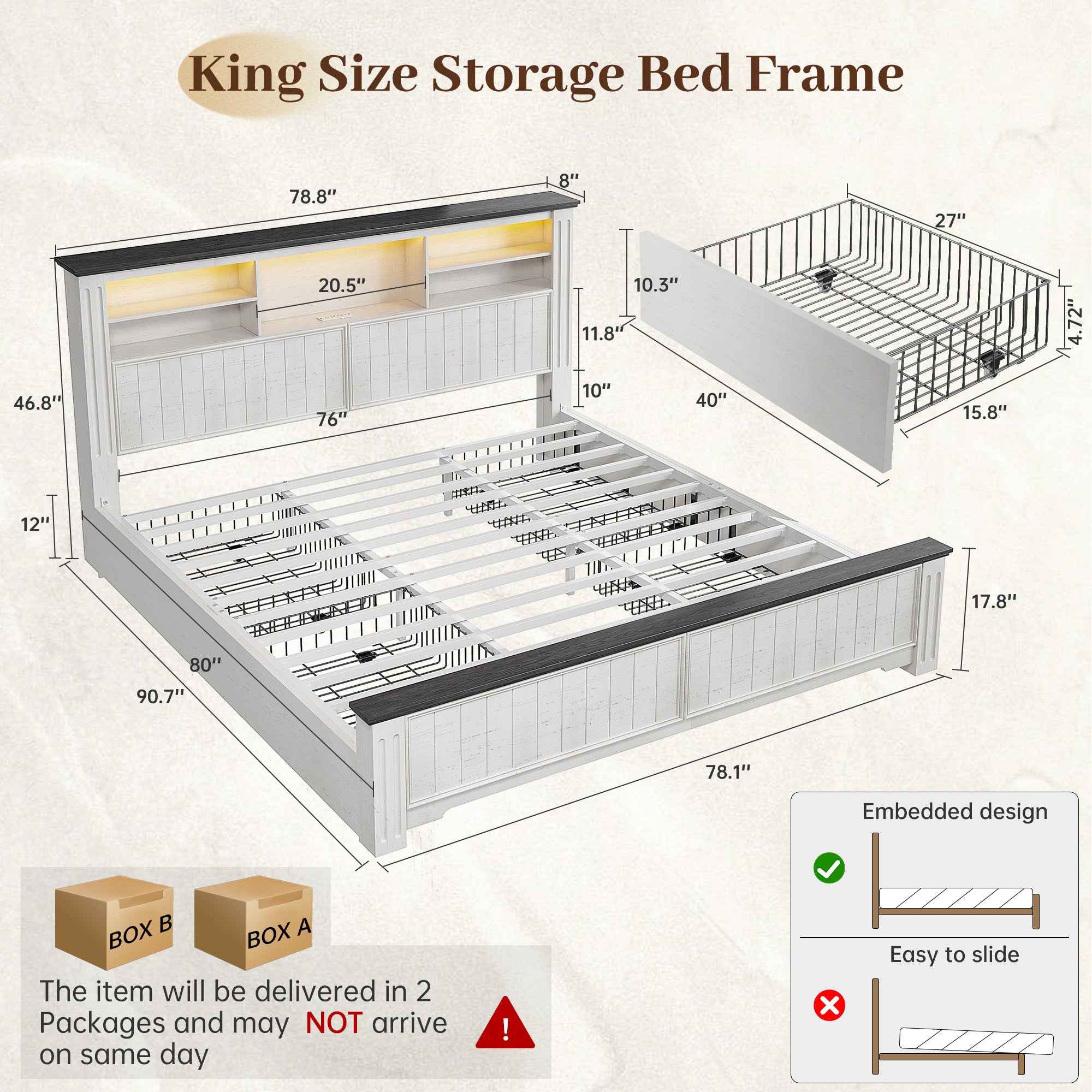Snhomee Heavy Duty Bed Frame with Storage - 900LB Capacity Platform Bed, LED Headboard & Charging Station, 4 Underbed Drawers, No Box Spring Needed, Farmhouse