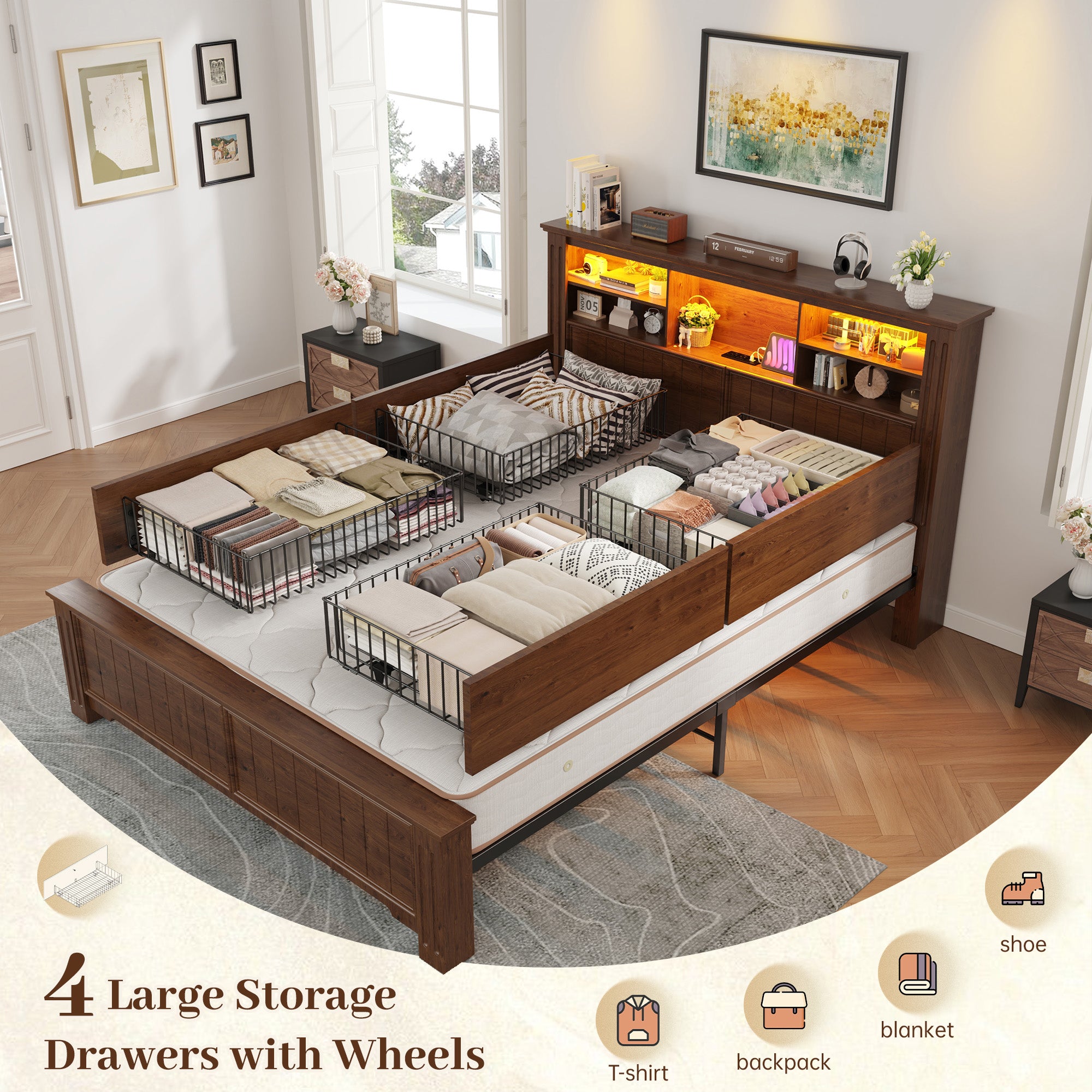 Snhomee Heavy Duty Bed Frame with Storage - 900LB Capacity Platform Bed, LED Headboard & Charging Station, 4 Underbed Drawers, No Box Spring Needed, Farmhouse