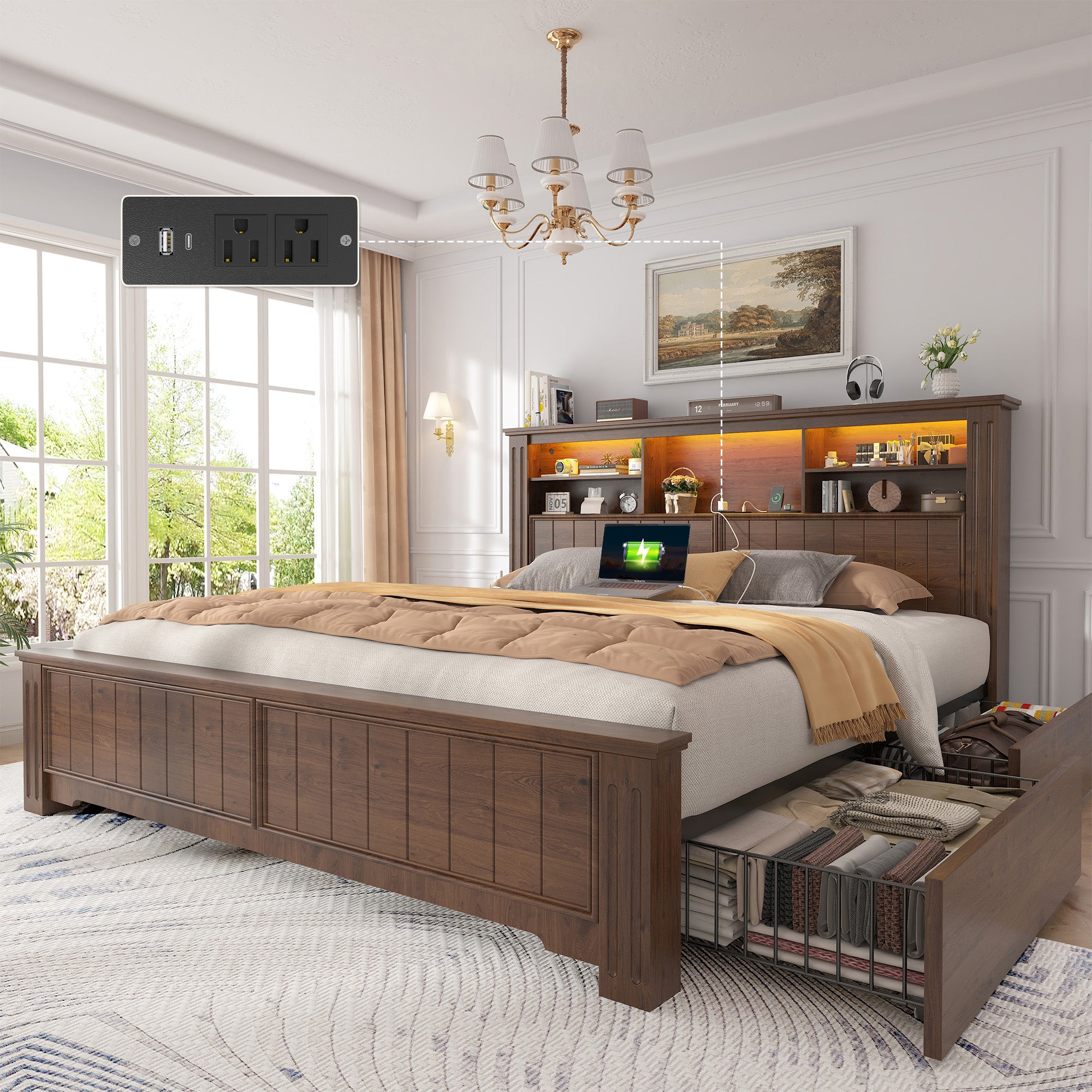 Snhomee Heavy Duty Bed Frame with Storage - 900LB Capacity Platform Bed, LED Headboard & Charging Station, 4 Underbed Drawers, No Box Spring Needed, Farmhouse