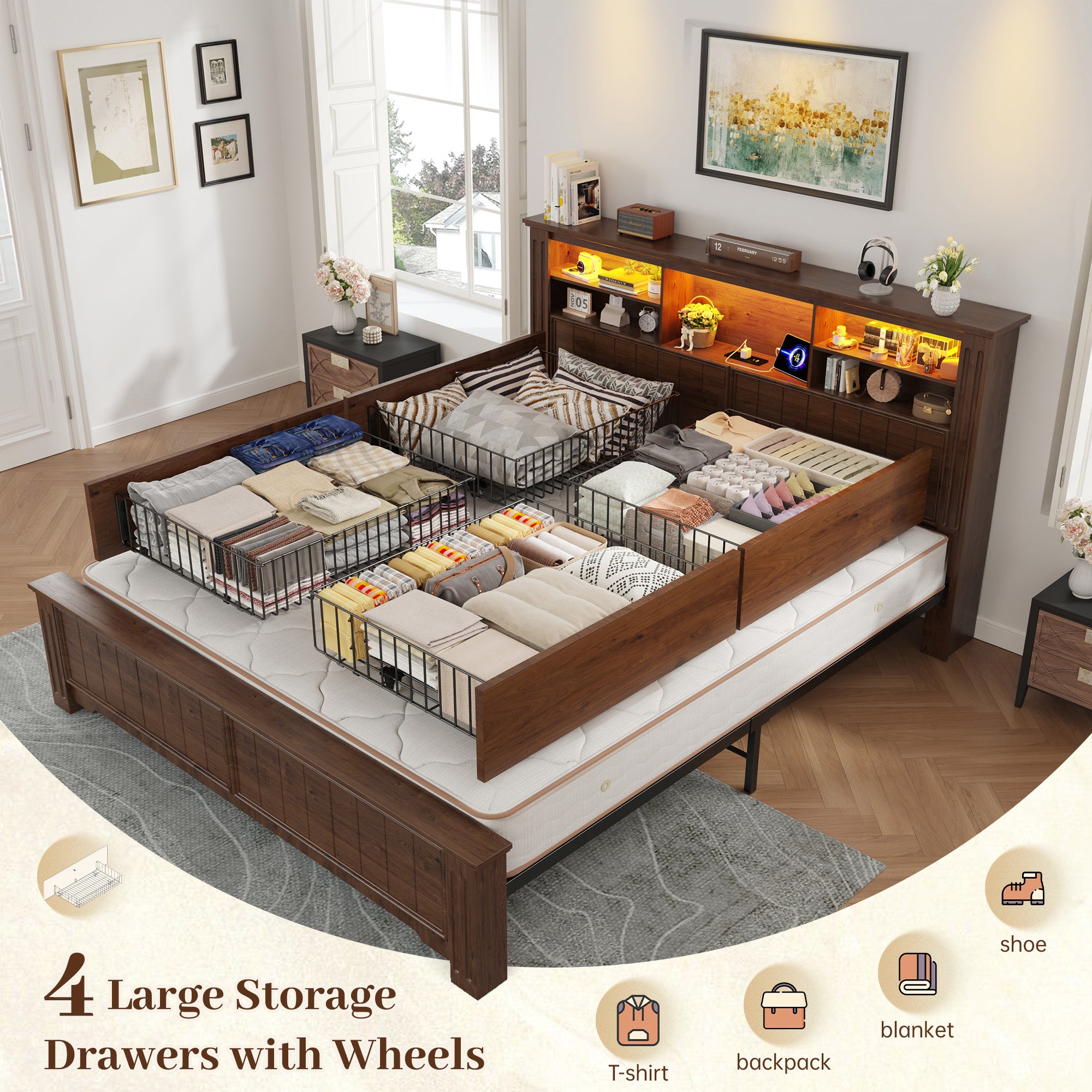 Snhomee Heavy Duty Bed Frame with Storage - 900LB Capacity Platform Bed, LED Headboard & Charging Station, 4 Underbed Drawers, No Box Spring Needed, Farmhouse