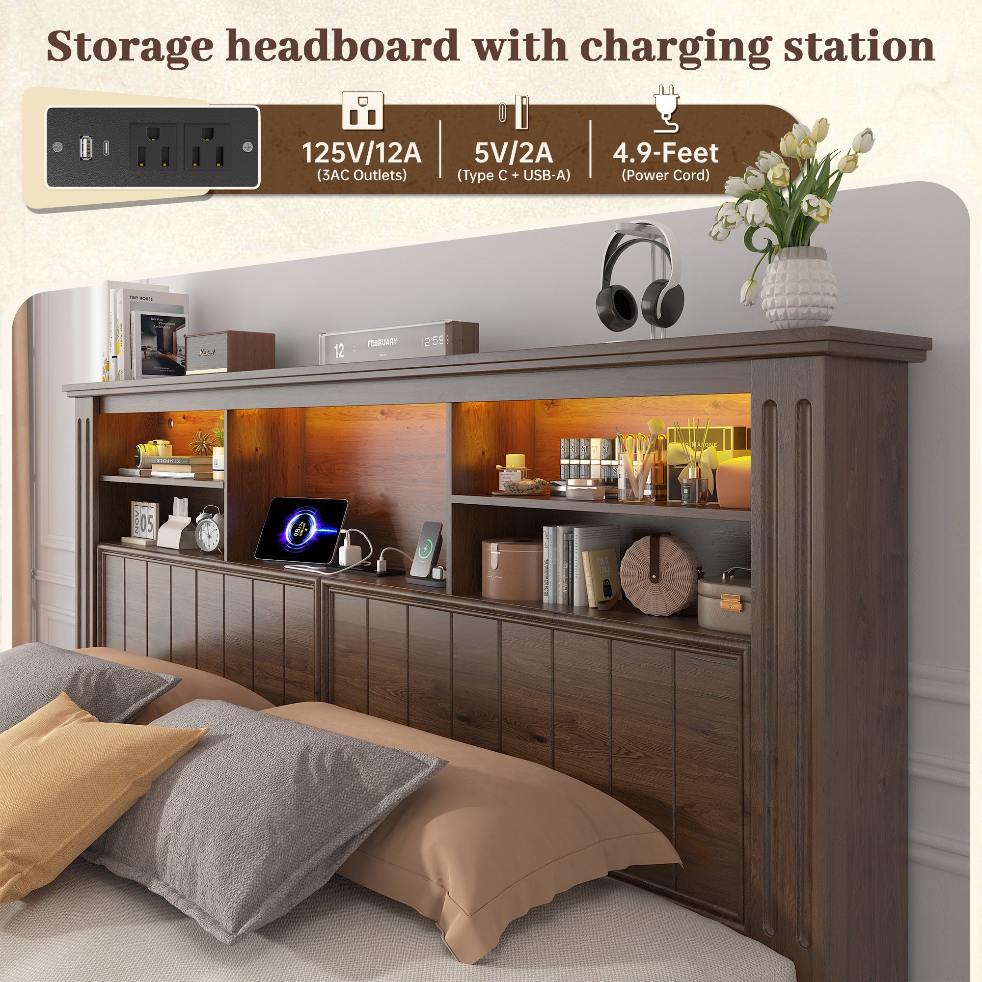 Snhomee Heavy Duty Bed Frame with Storage - 900LB Capacity Platform Bed, LED Headboard & Charging Station, 4 Underbed Drawers, No Box Spring Needed, Farmhouse