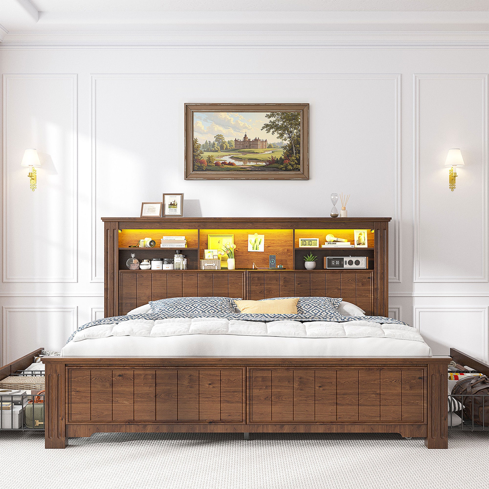Snhomee Heavy Duty Bed Frame with Storage - 900LB Capacity Platform Bed, LED Headboard & Charging Station, 4 Underbed Drawers, No Box Spring Needed, Farmhouse