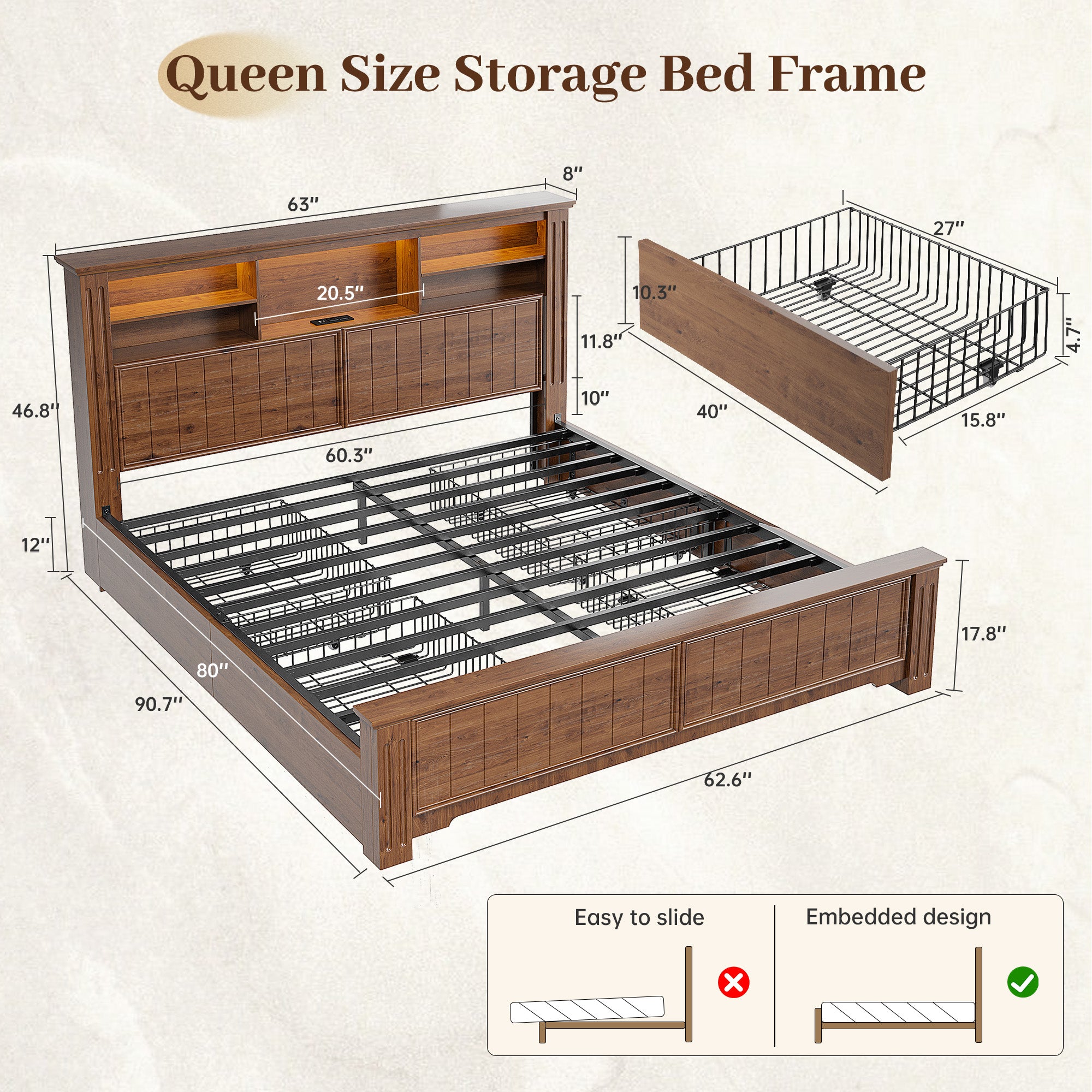 Snhomee Heavy Duty Bed Frame with Storage - 900LB Capacity Platform Bed, LED Headboard & Charging Station, 4 Underbed Drawers, No Box Spring Needed, Farmhouse