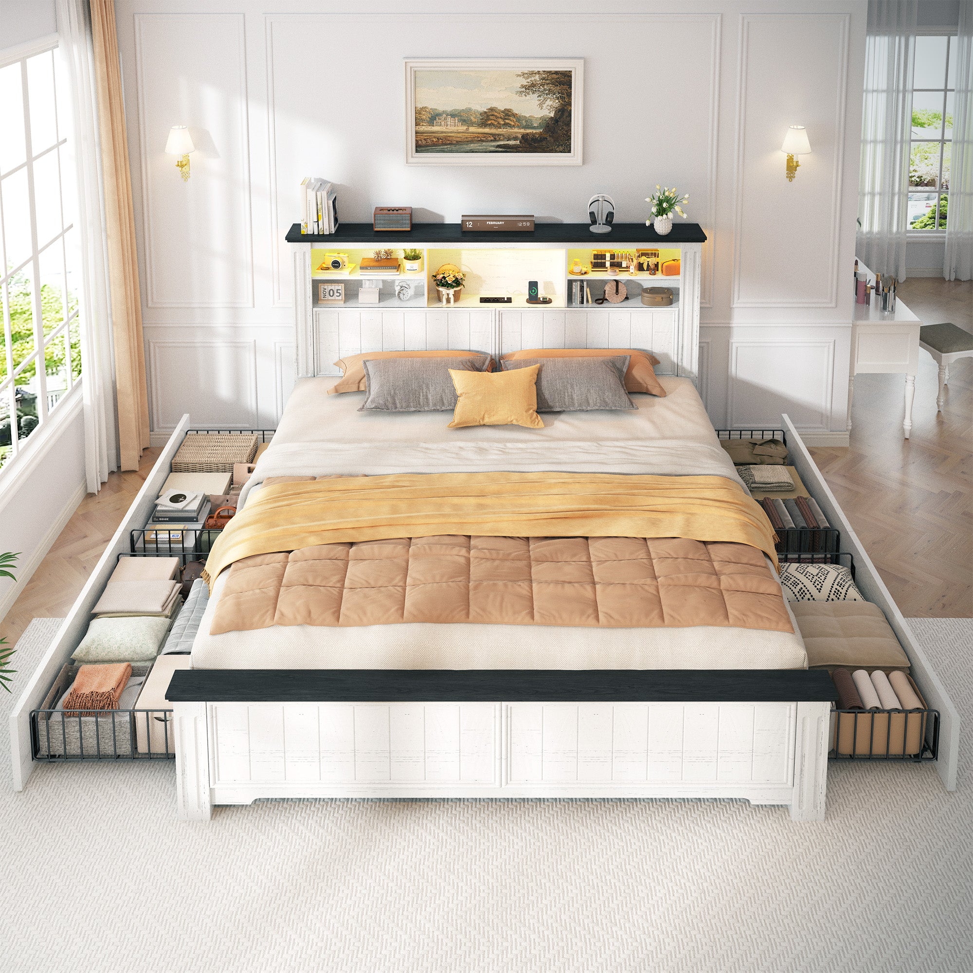Snhomee Heavy Duty Bed Frame with Storage - 900LB Capacity Platform Bed, LED Headboard & Charging Station, 4 Underbed Drawers, No Box Spring Needed, Farmhouse