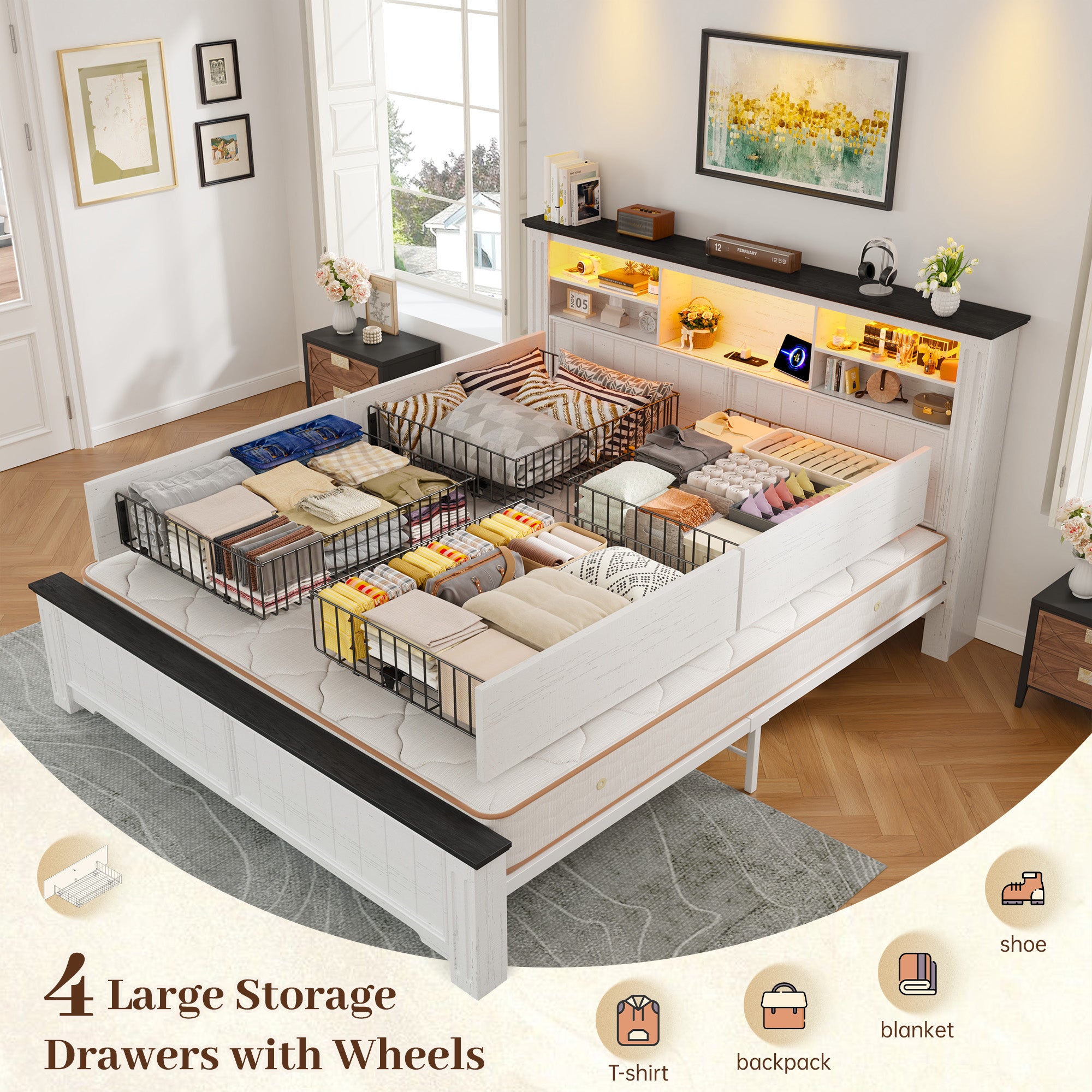 Snhomee Heavy Duty Bed Frame with Storage - 900LB Capacity Platform Bed, LED Headboard & Charging Station, 4 Underbed Drawers, No Box Spring Needed, Farmhouse