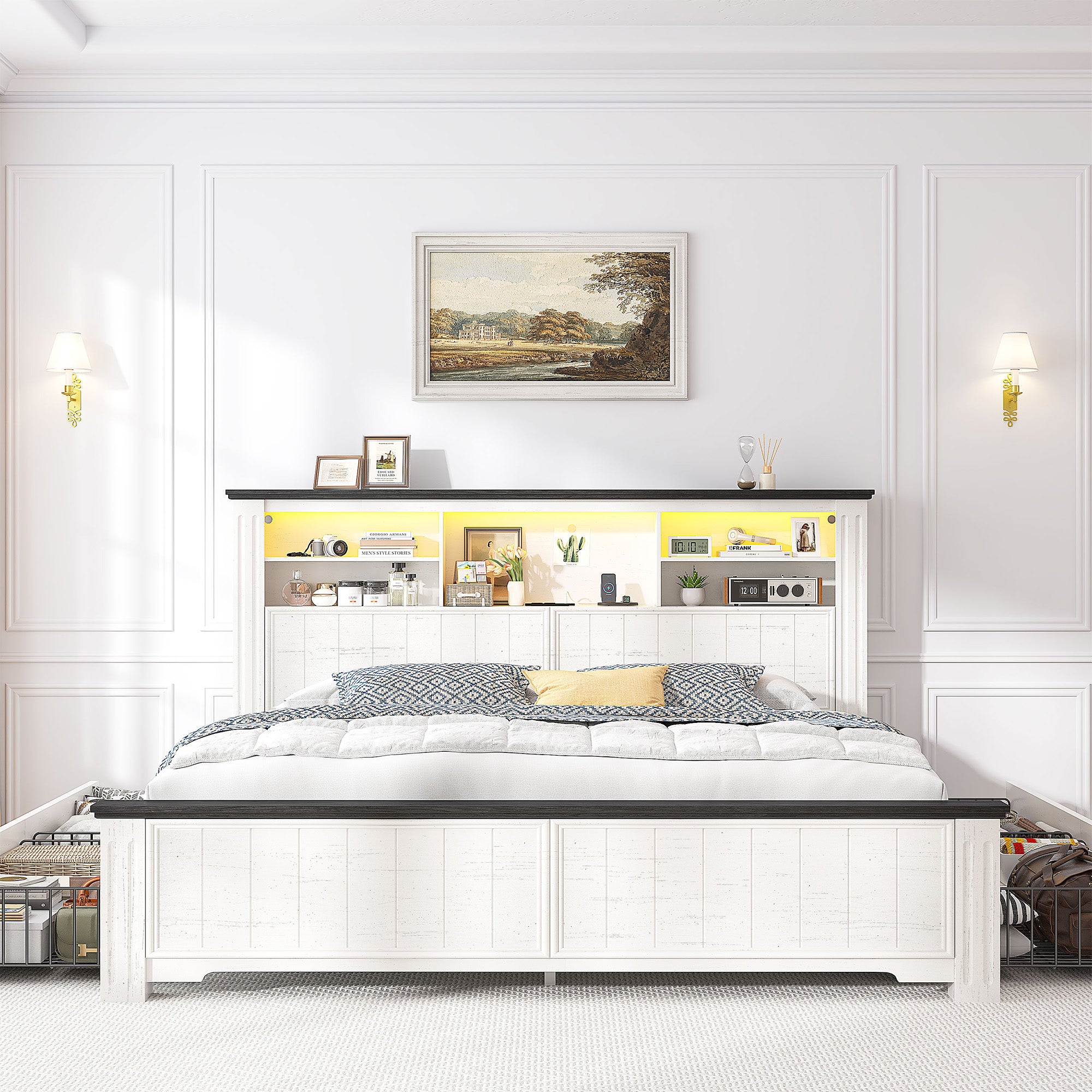 Snhomee Heavy Duty Bed Frame with Storage - 900LB Capacity Platform Bed, LED Headboard & Charging Station, 4 Underbed Drawers, No Box Spring Needed, Farmhouse